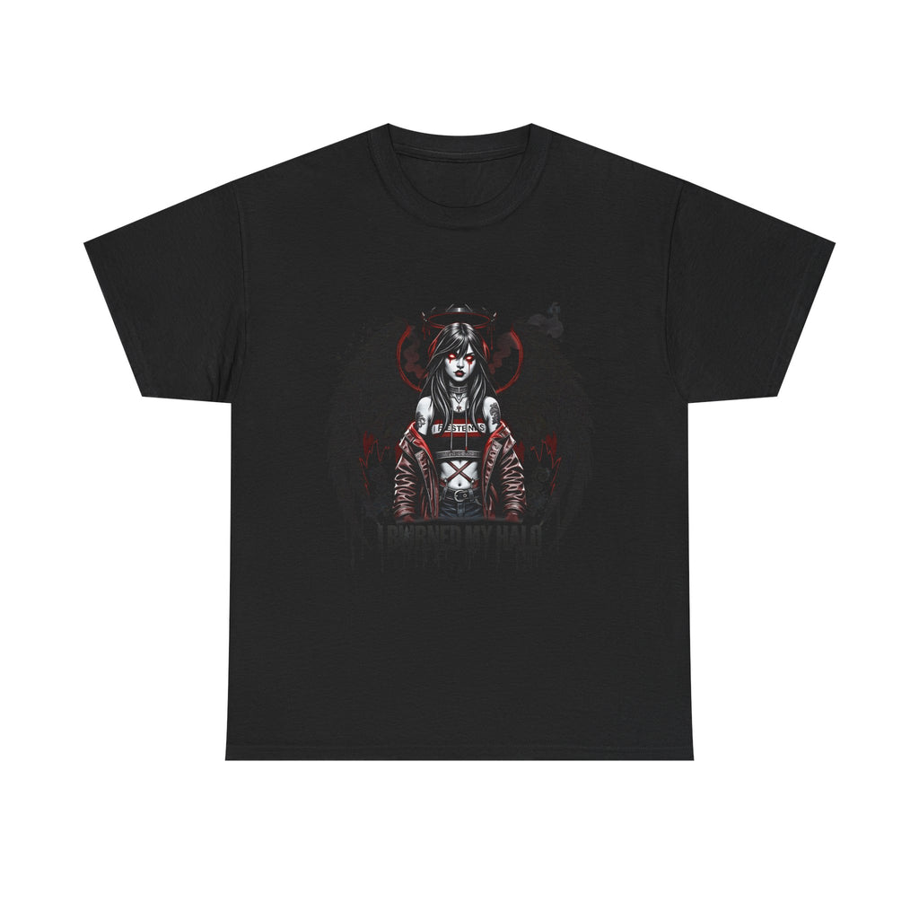 T-Shirt — Gothic Angel Graphic "I Burned My Halo" Dark Winged Design