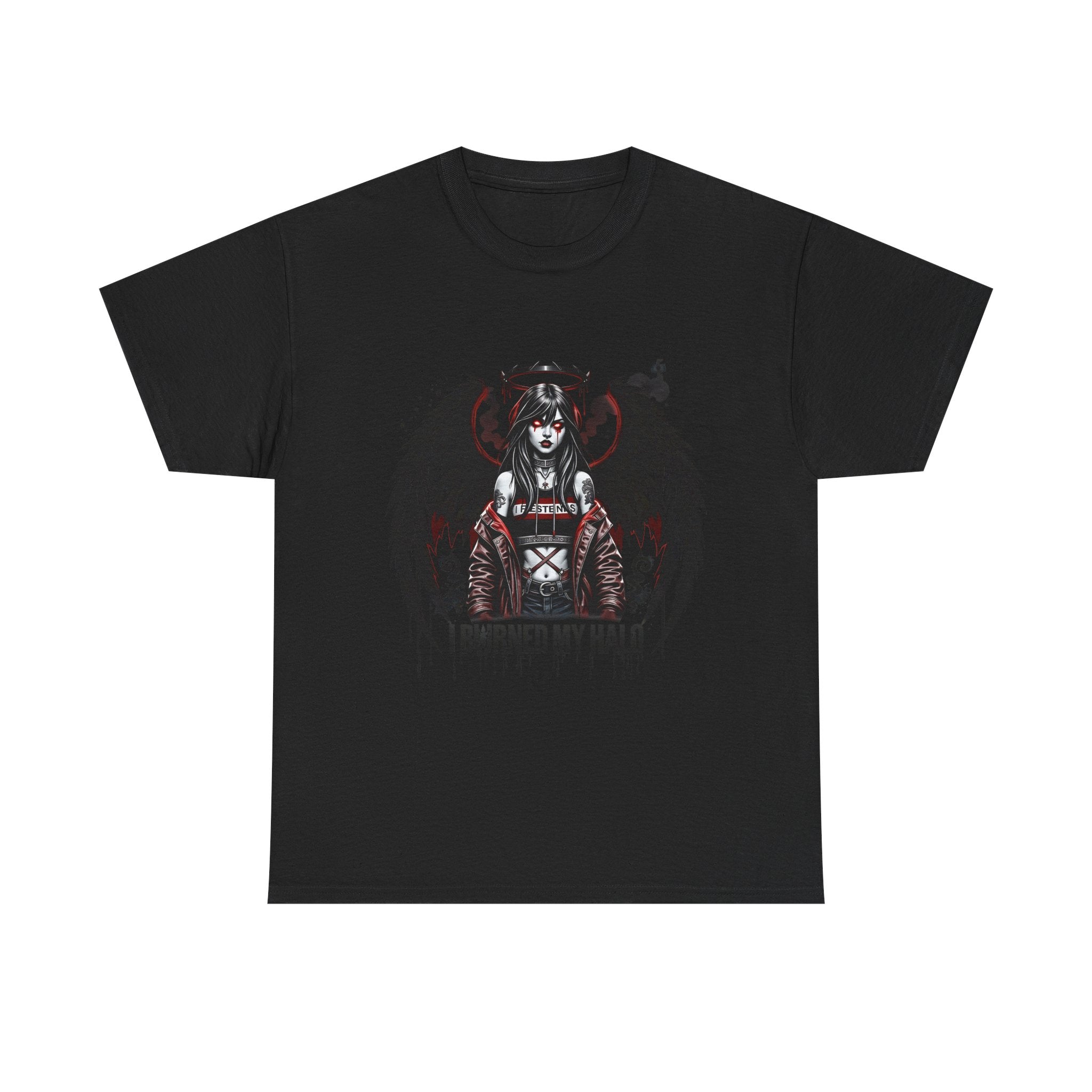T-Shirt — Gothic Angel Graphic "I Burned My Halo" Dark Winged Design