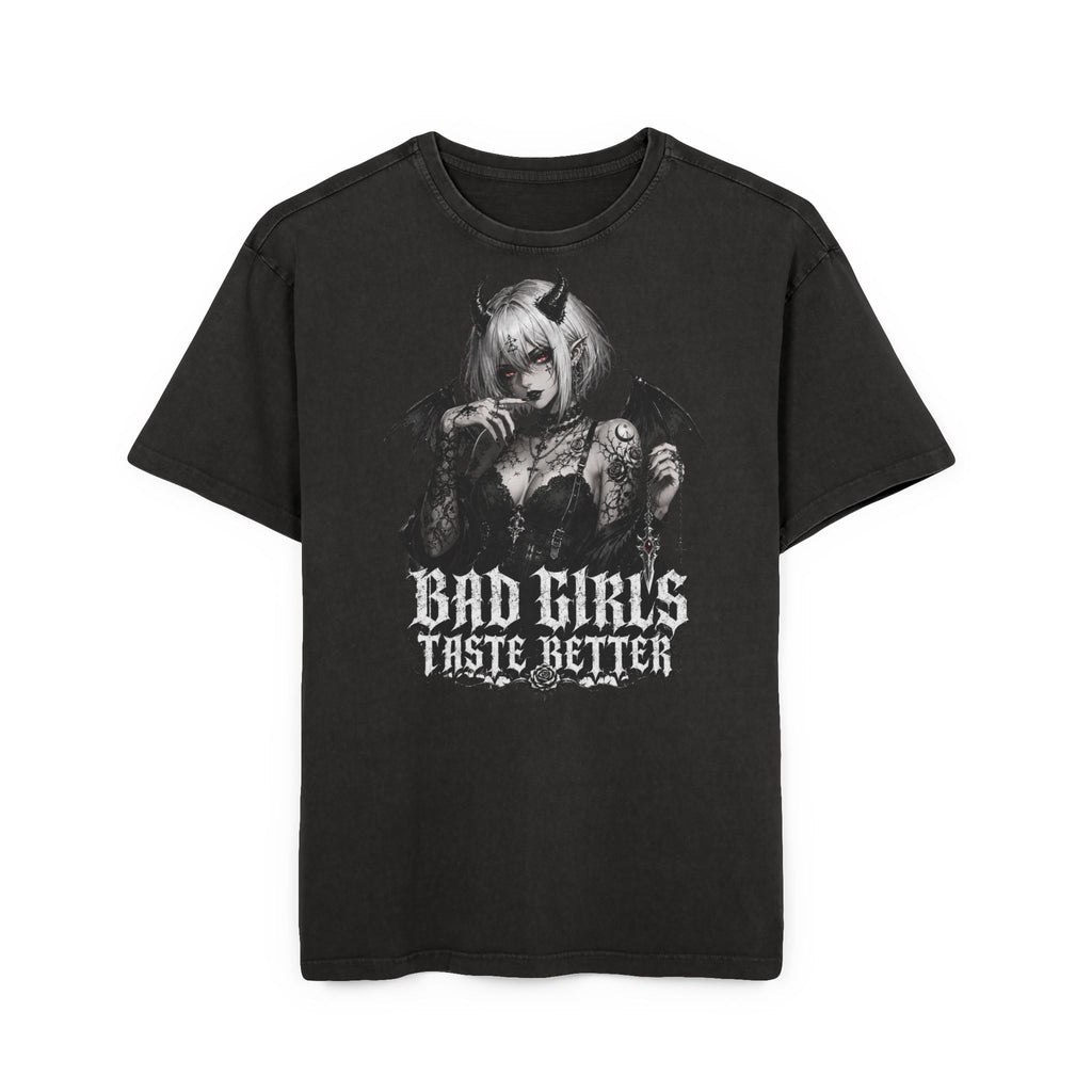 Graphic Tee — "Bad Girls Taste Better" Gothic Demon Girl Acid-Washed T-Shirt