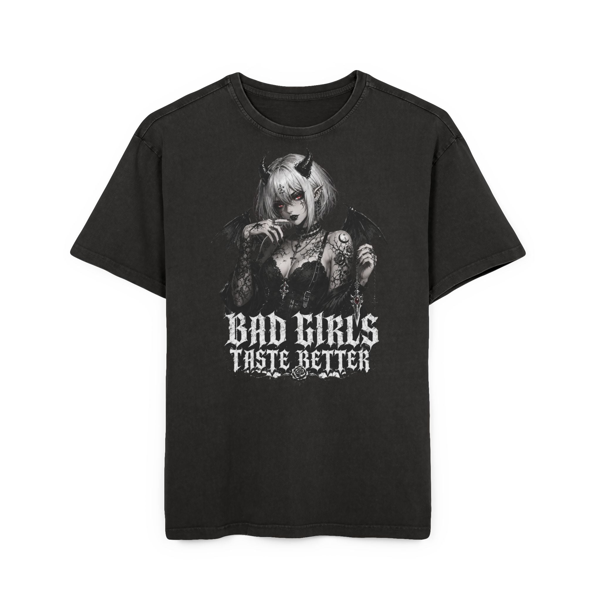 Graphic Tee — "Bad Girls Taste Better" Gothic Demon Girl Acid-Washed T-Shirt