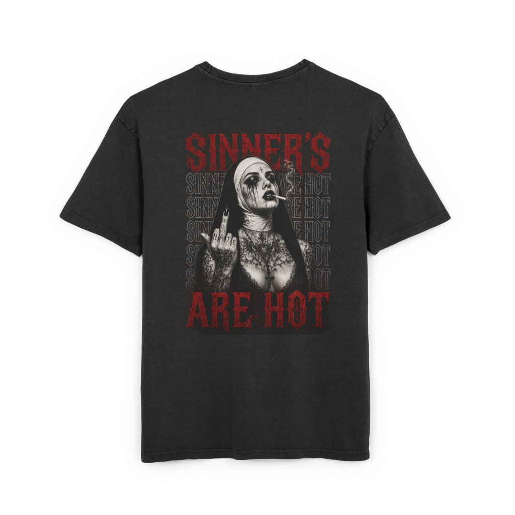Sinner's Are Hot Graphic Tee — Gothic Acid-Wash Oversized T-Shirt