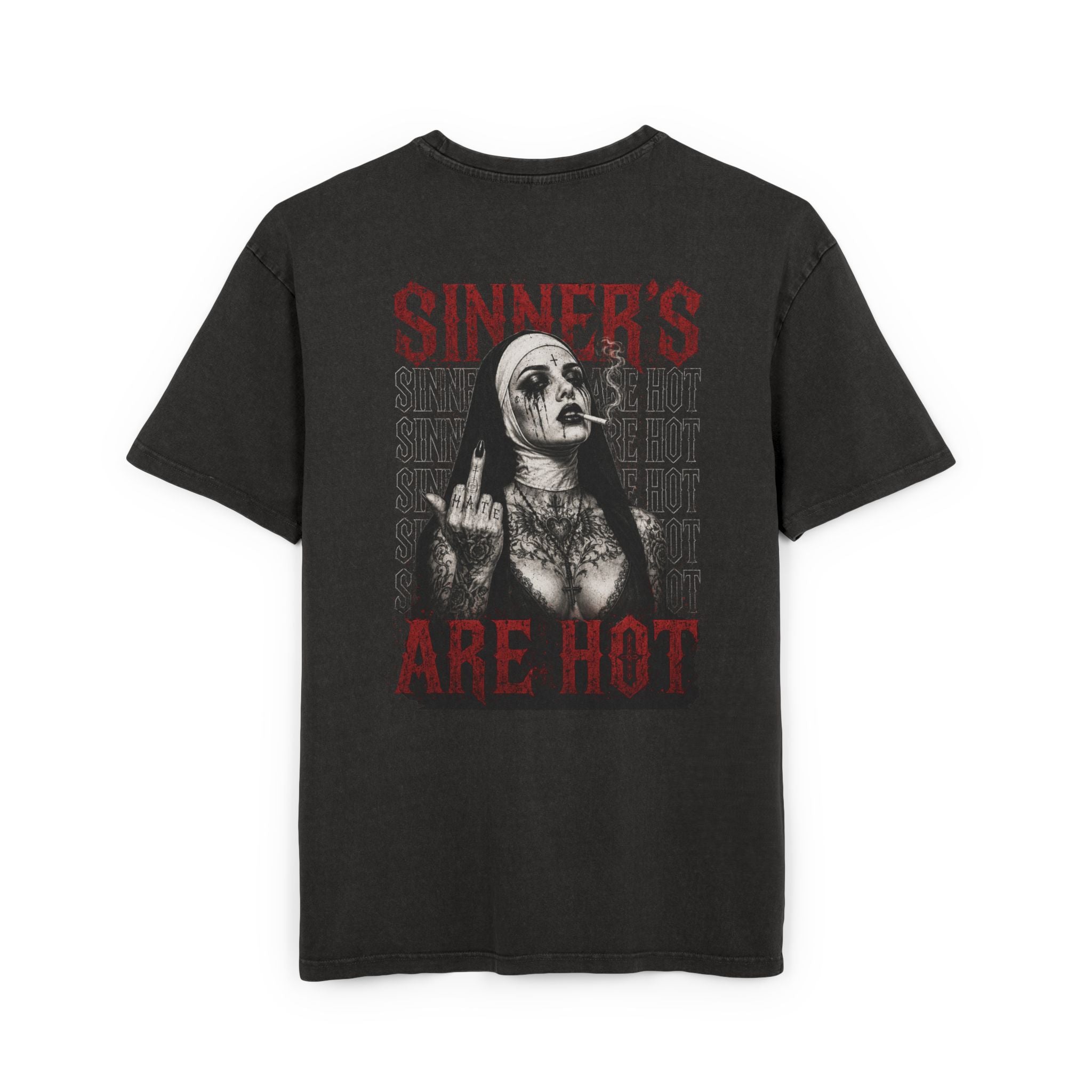 Sinner's Are Hot Graphic Tee — Gothic Acid-Wash Oversized T-Shirt