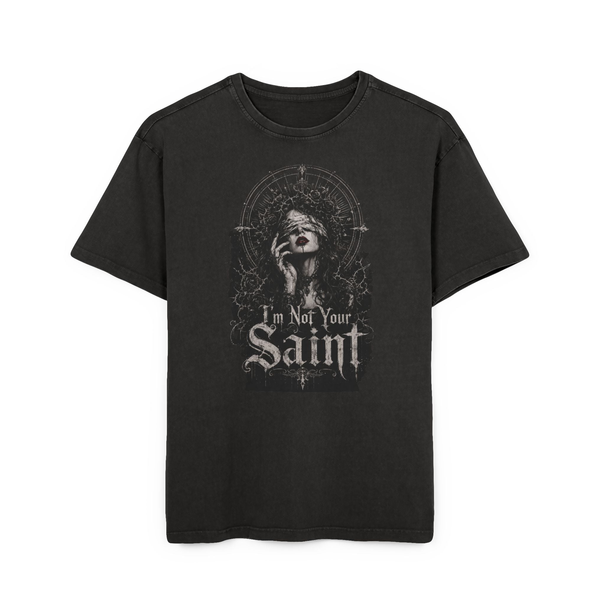 I'm Not Your Saint Graphic Tee — Gothic Vintage Acid-Wash T-Shirt