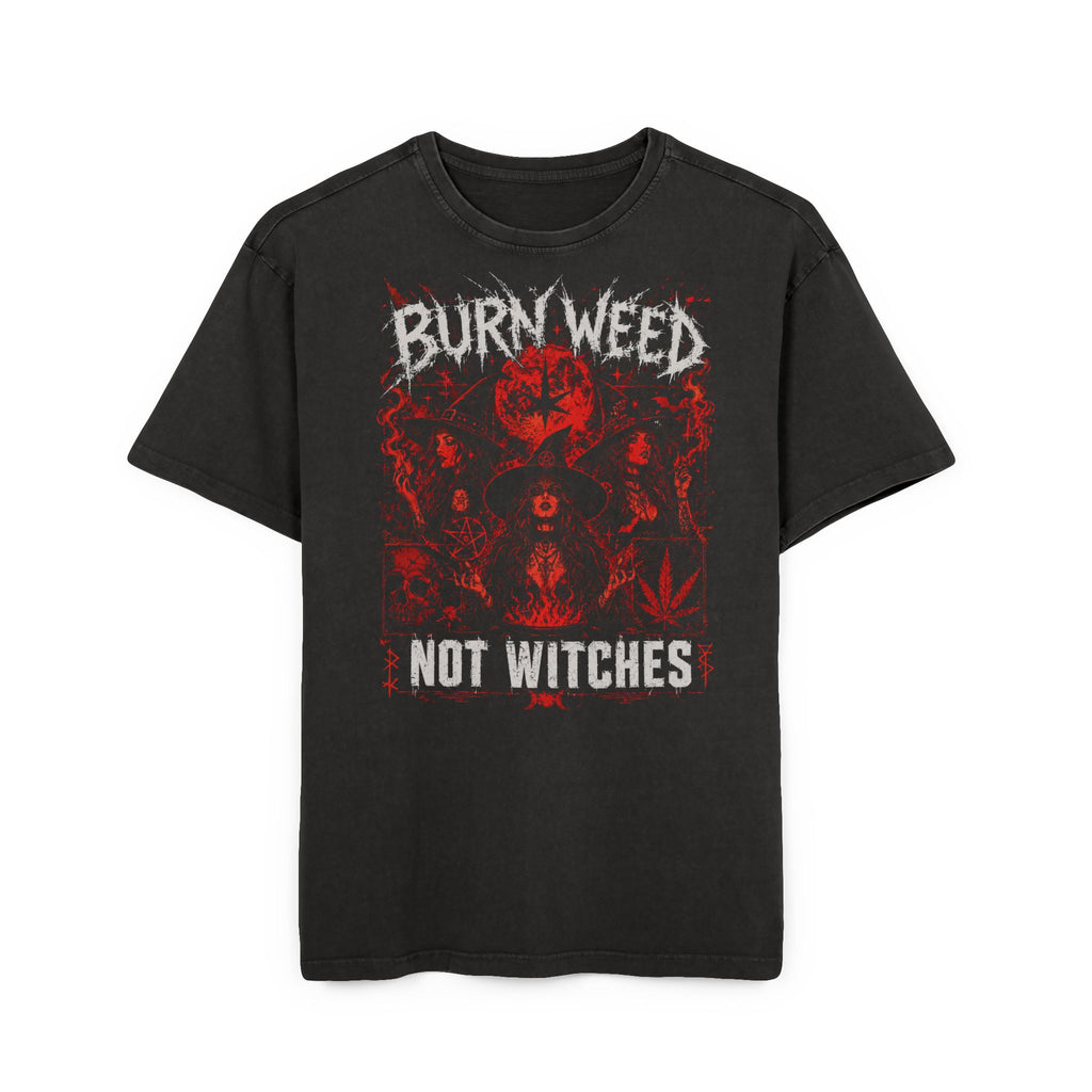 Burn Weed Not Witches Graphic Tee — Vintage Acid-Wash Oversized Black T-Shirt