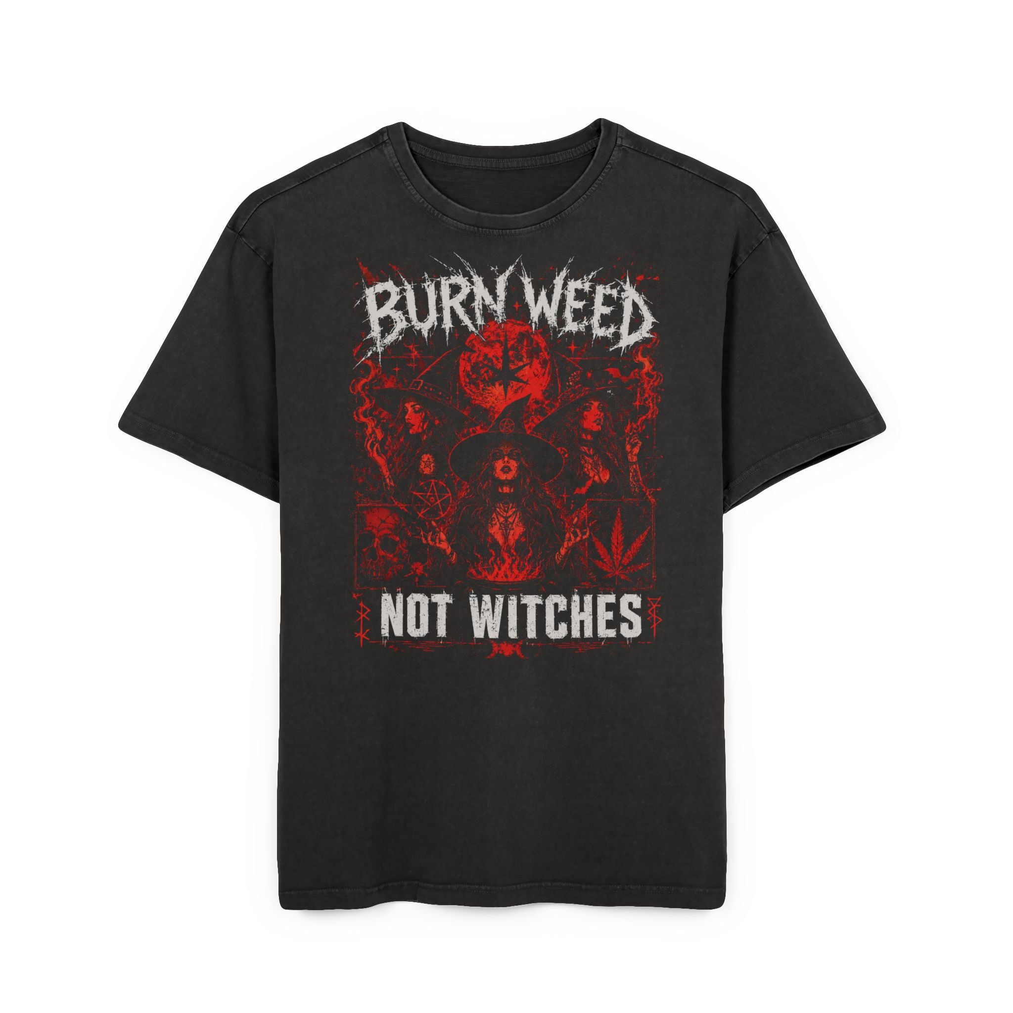 Burn Weed Not Witches Graphic Tee — Vintage Acid-Wash Oversized Black T-Shirt