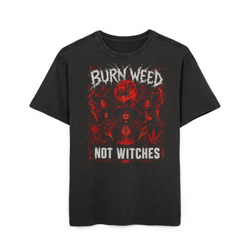 Burn Weed Not Witches Graphic Tee — Vintage Acid-Wash Oversized Black T-Shirt