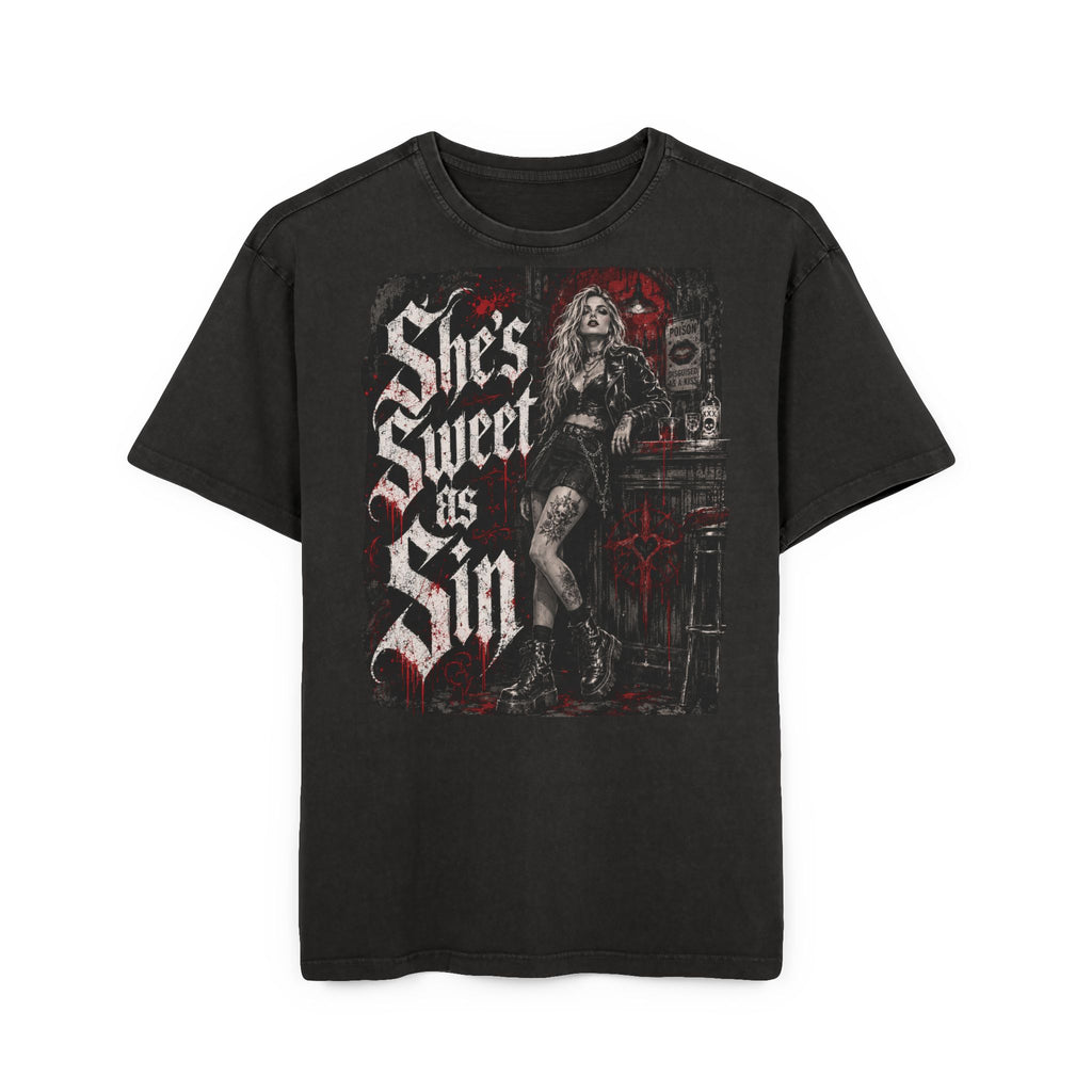She's Sweet As Sin Graphic Tee — Vintage Gothic Acid‑Wash T‑Shirt
