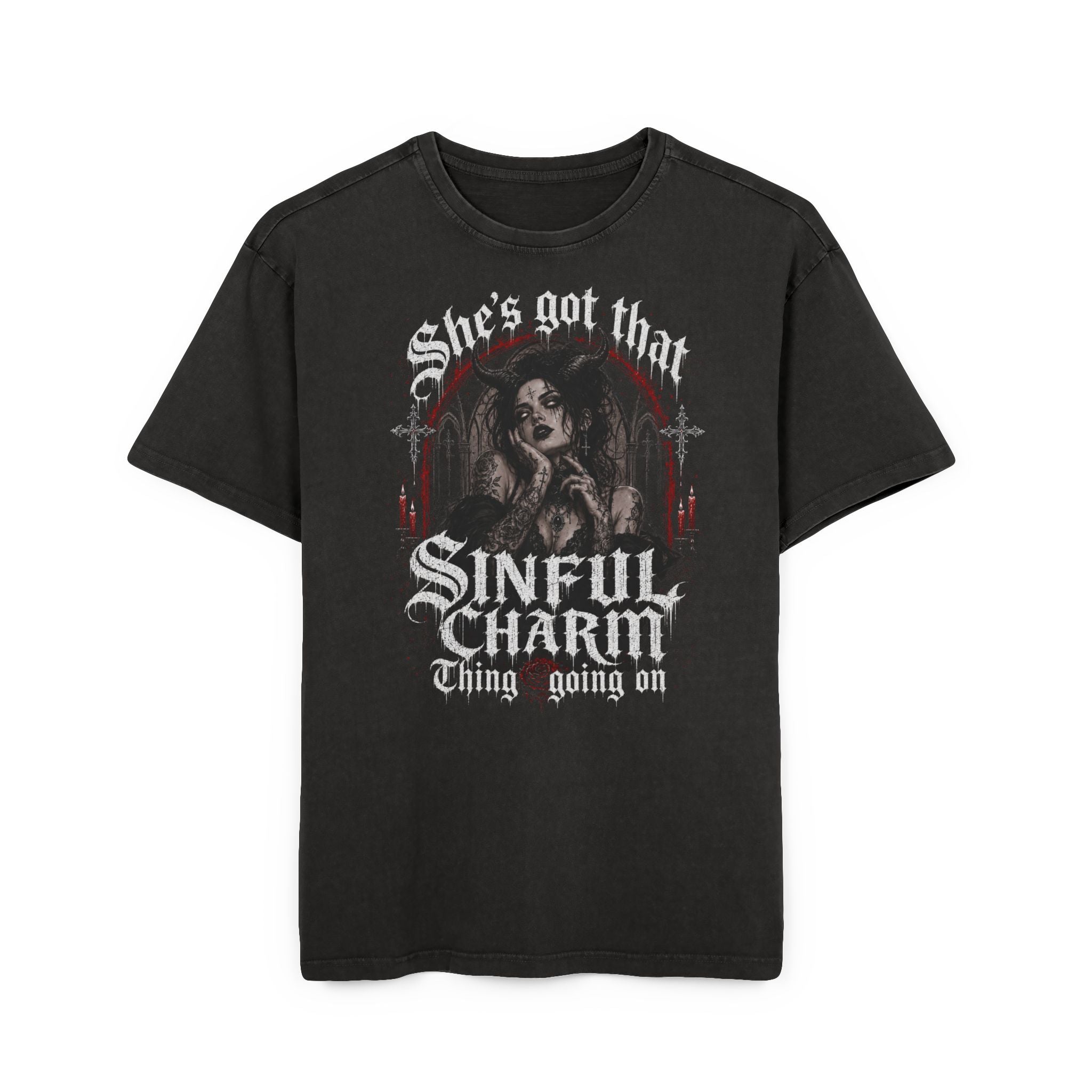 Sinful Charm Graphic Tee — Gothic Vintage Acid Wash Shirt
