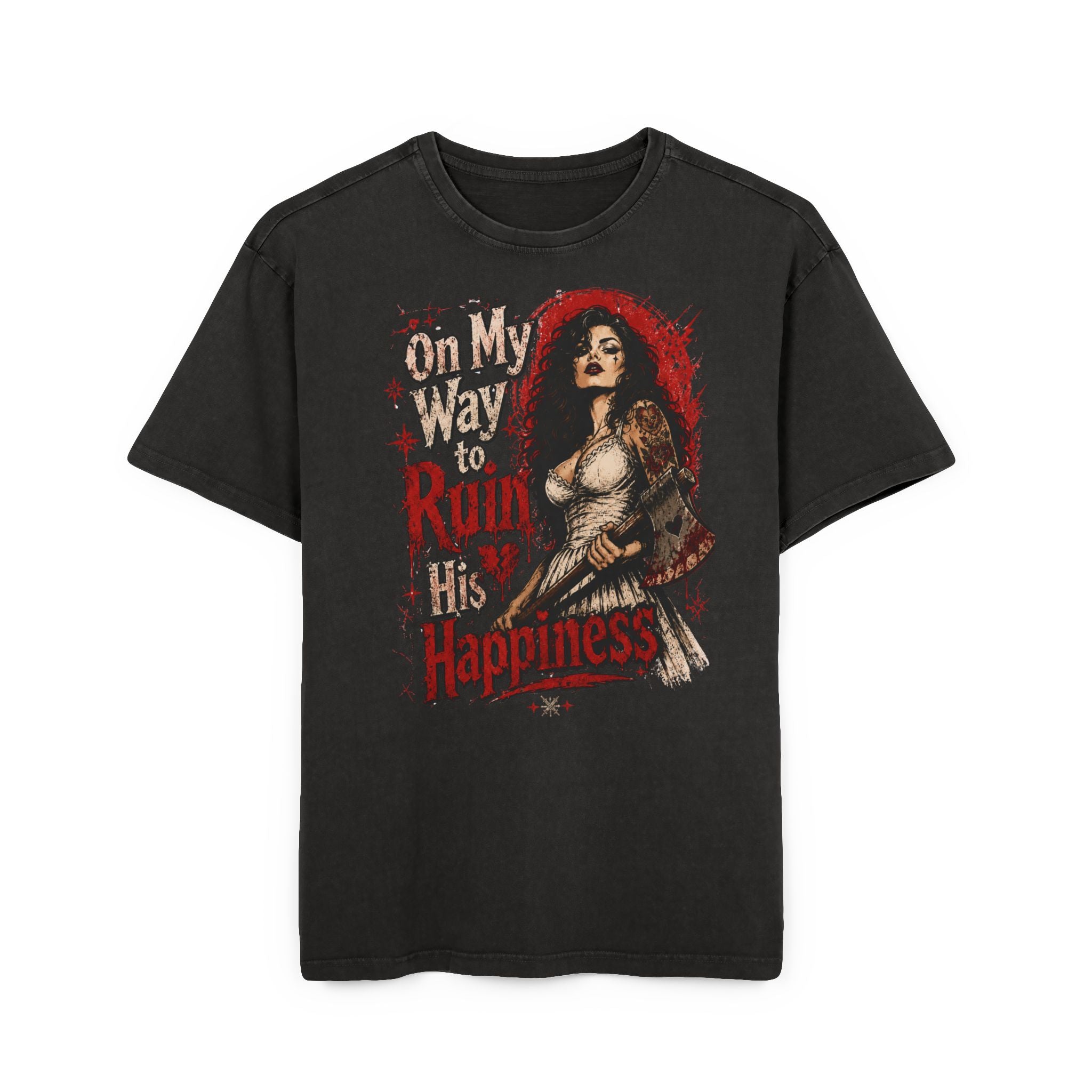 Graphic Tee — "On My Way to Ruin His Happiness" Vintage Gothic Skull Woman