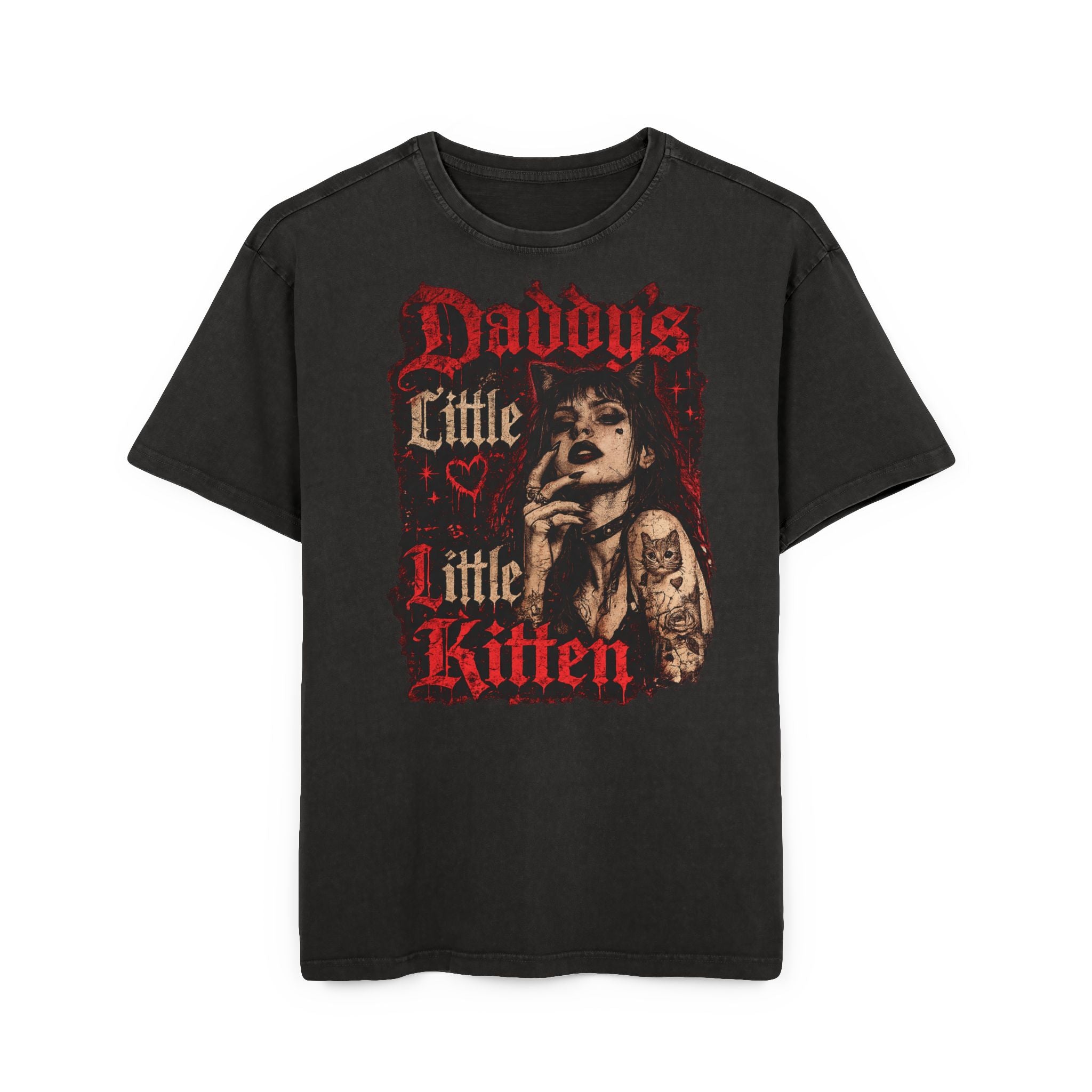 "Daddy's Little Kitten" Gothic Graphic Acid Wash Tee