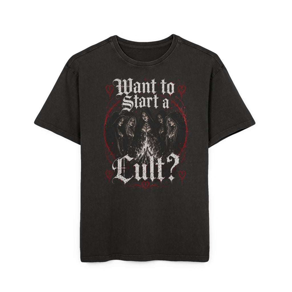Cult Gothic Tee — "Want to Start a Cult?" Acid-Wash Men's Oversized Shirt