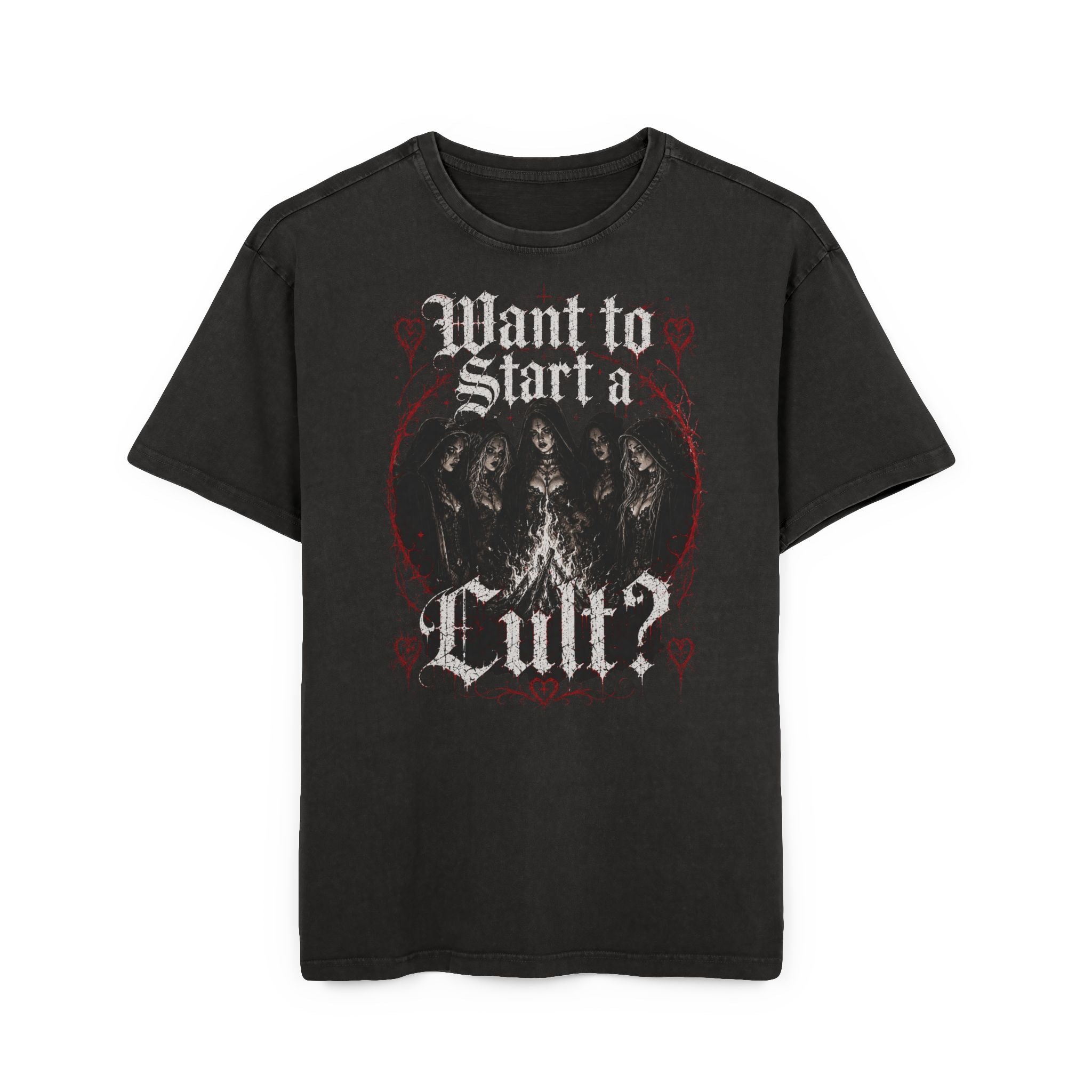 Cult Gothic Tee — "Want to Start a Cult?" Acid-Wash Men's Oversized Shirt