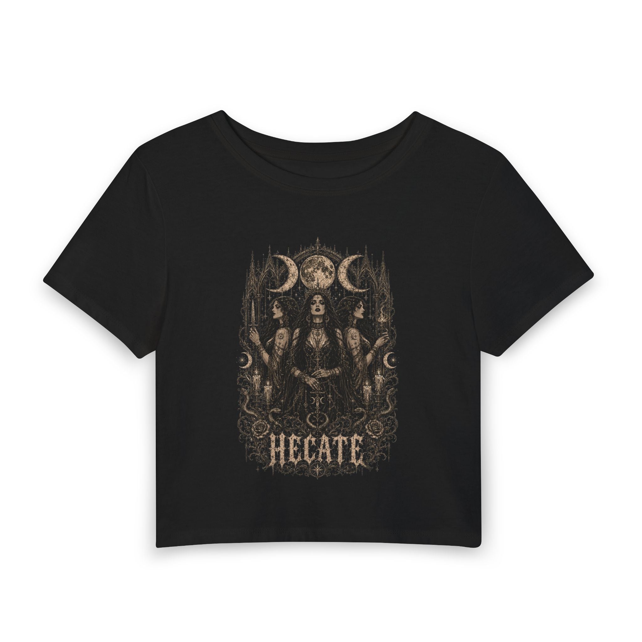 Hecate Triple Moon Graphic Crop Tee — Witchy Gothic Women's Baby Tee