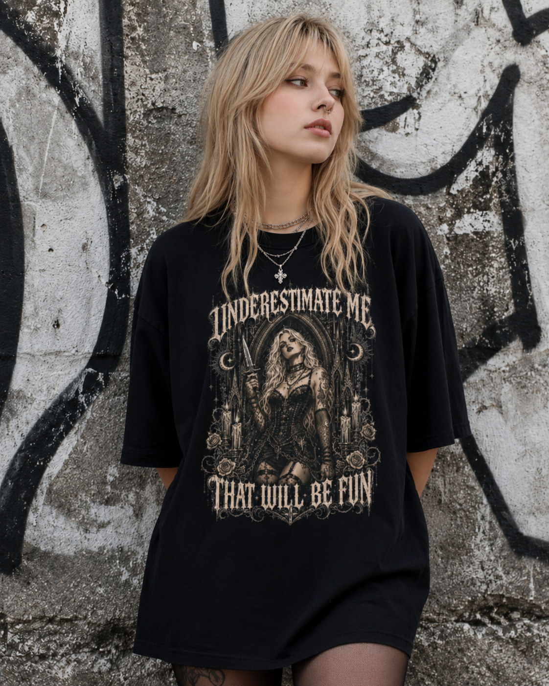 Witchy Gothic Tee — "Underestimate Me That Will Be Fun" Oversized Boxy T-Shirt
