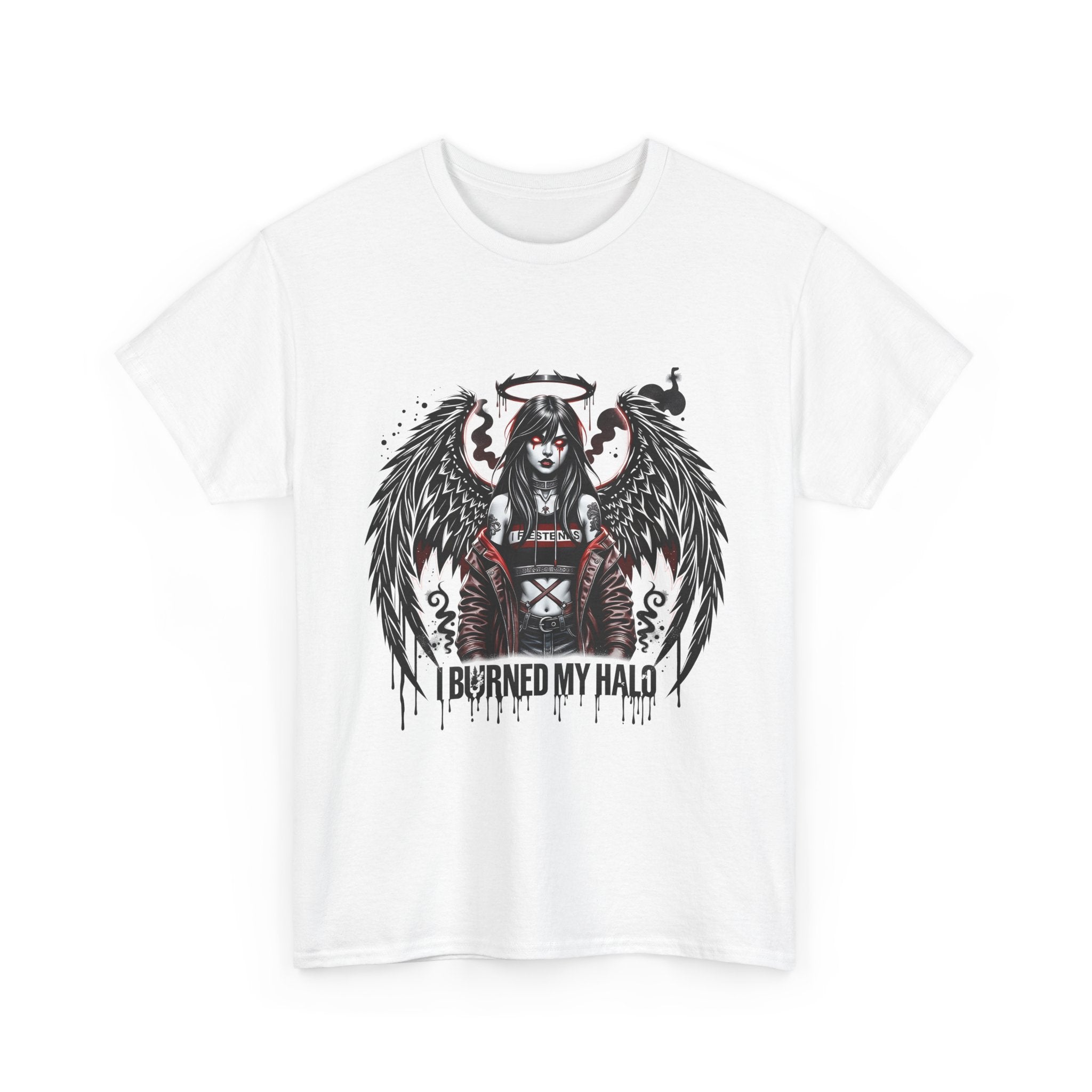 T-Shirt — Gothic Angel Graphic "I Burned My Halo" Dark Winged Design