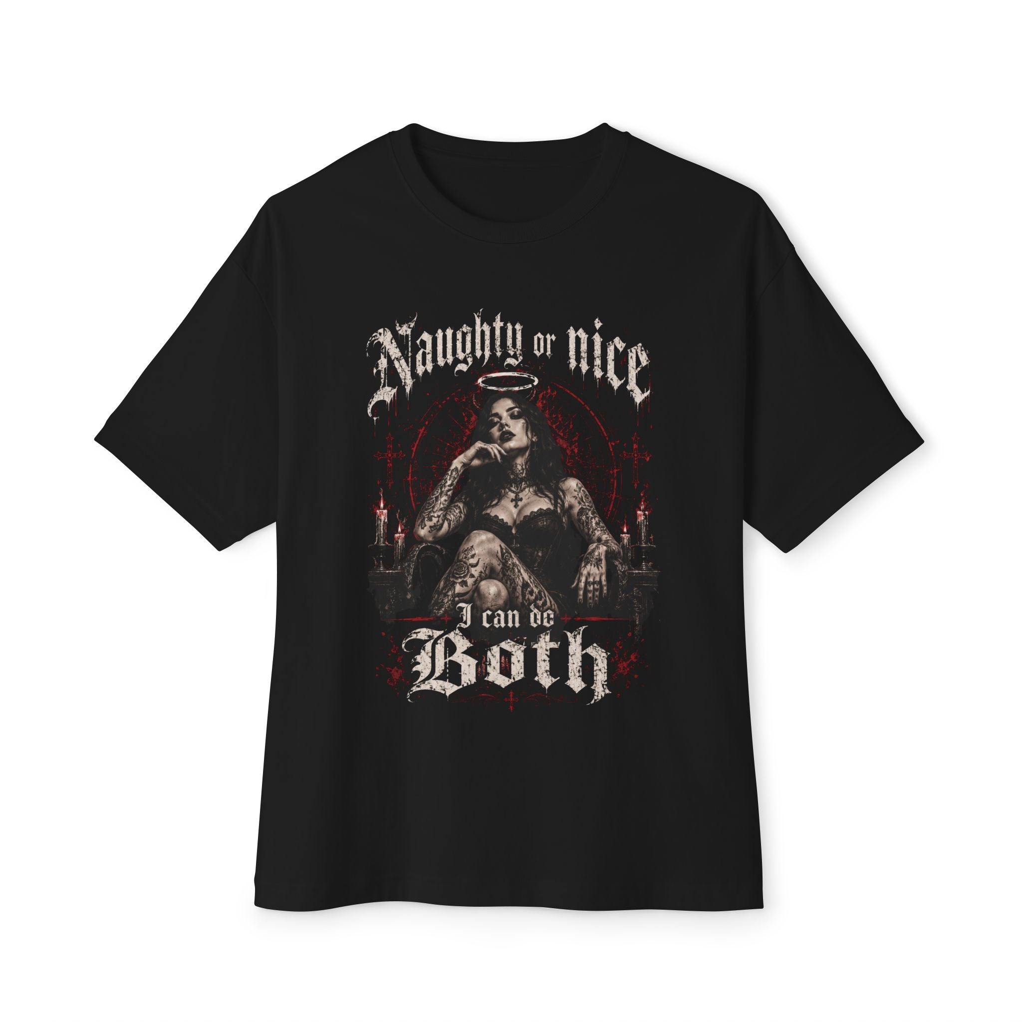Naughty or Nice Gothic Tee — "I Can do Both" Oversized Boxy Graphic T-Shirt