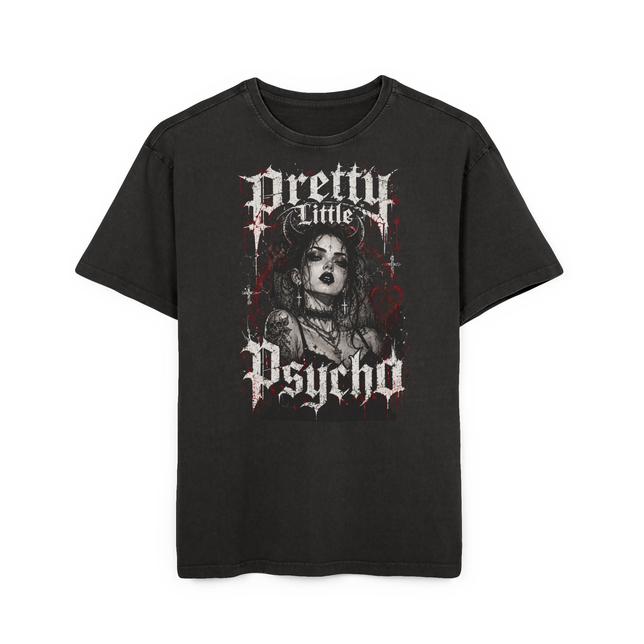 Pretty Little Psycho Tee — Gothic Graphic Acid-Wash Shirt