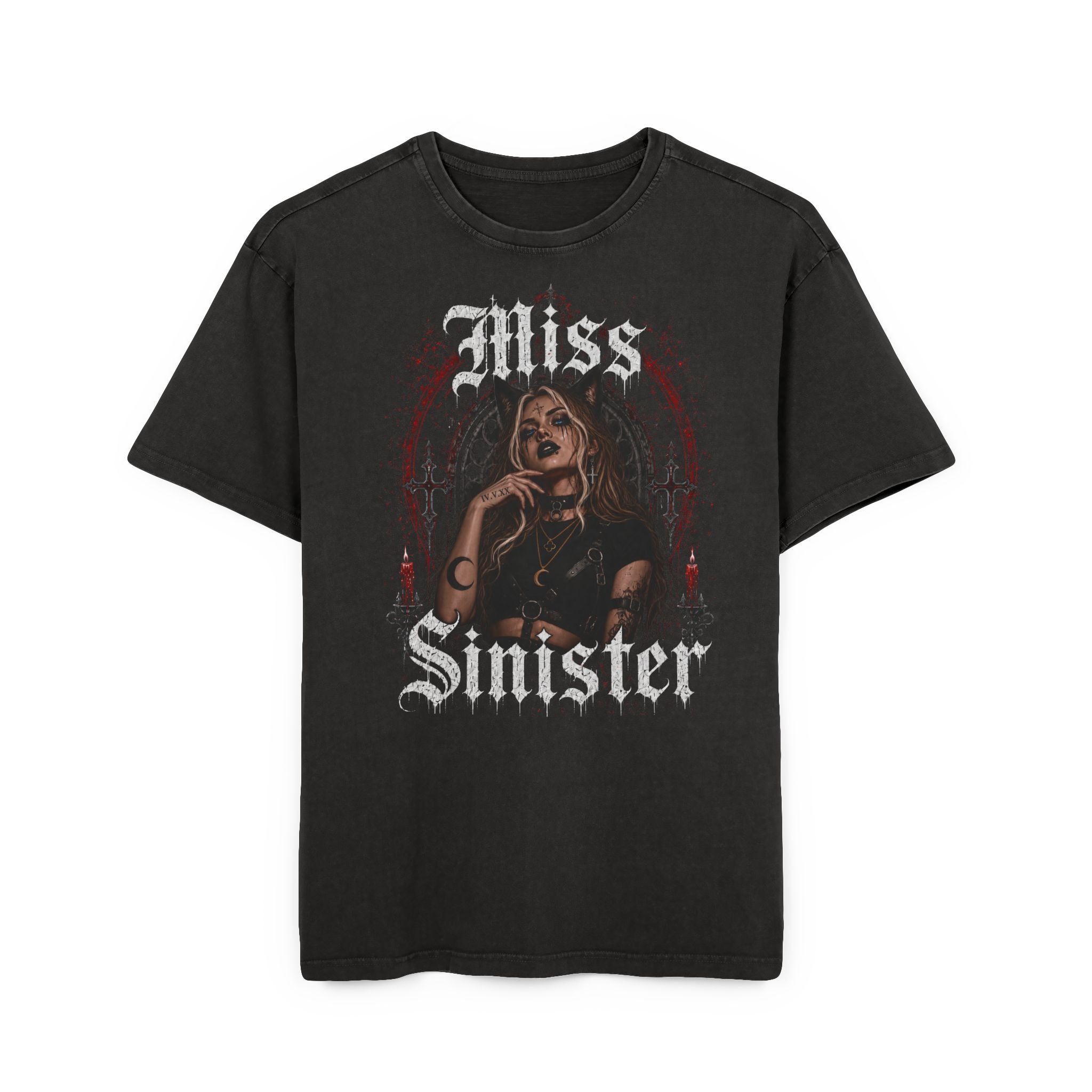 Miss Sinister Graphic Tee — Gothic Vintage Acid-Wash Shirt