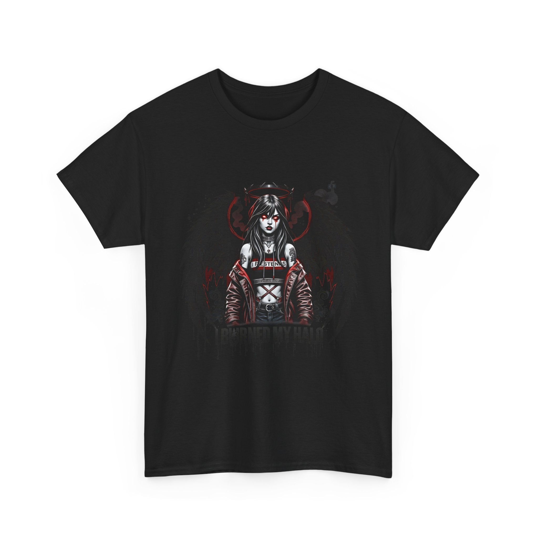 T-Shirt — Gothic Angel Graphic "I Burned My Halo" Dark Winged Design