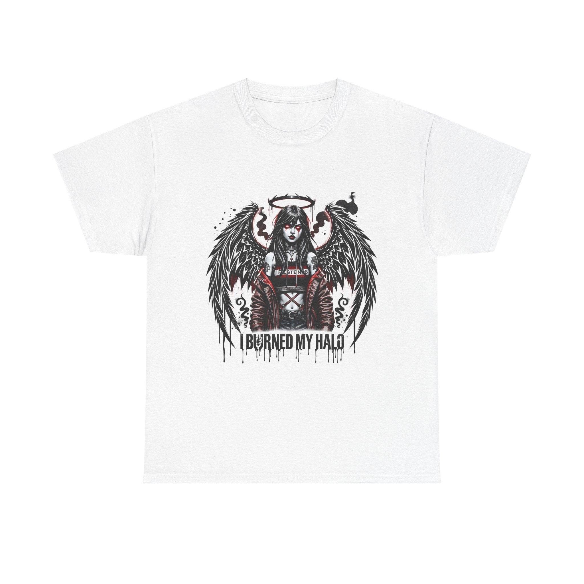 T-Shirt — Gothic Angel Graphic "I Burned My Halo" Dark Winged Design