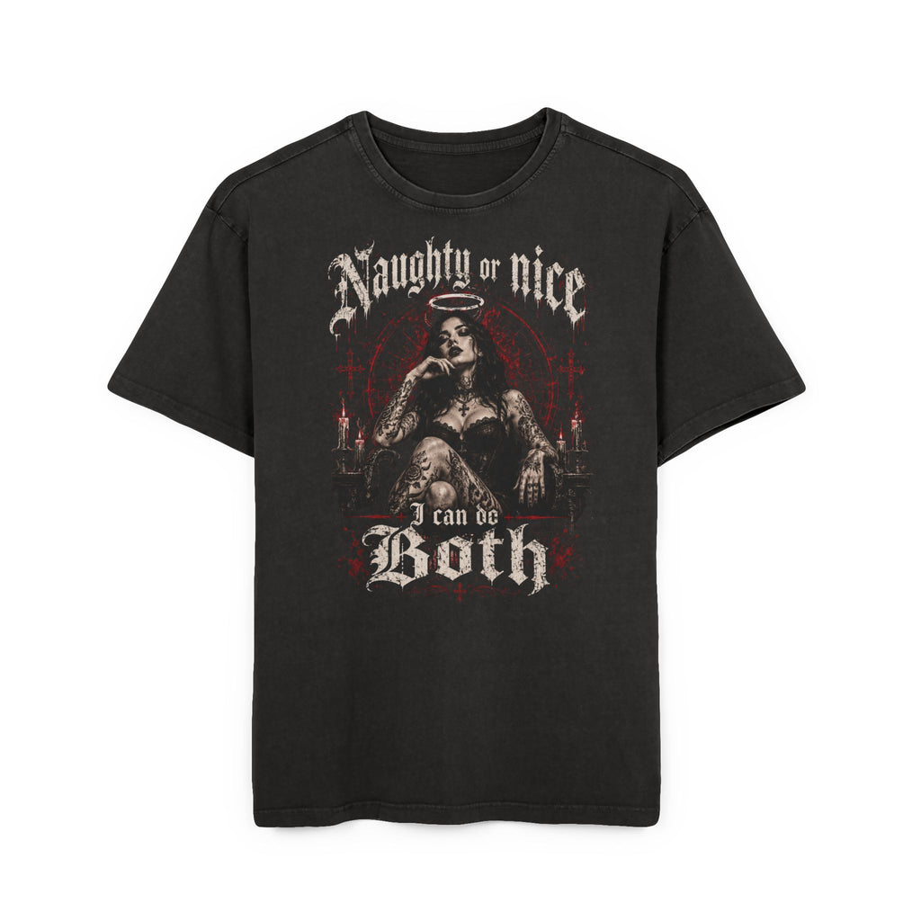 Graphic Tee — "Naughty or Nice I Can Do Both" Vintage Gothic Acid-Wash Shirt