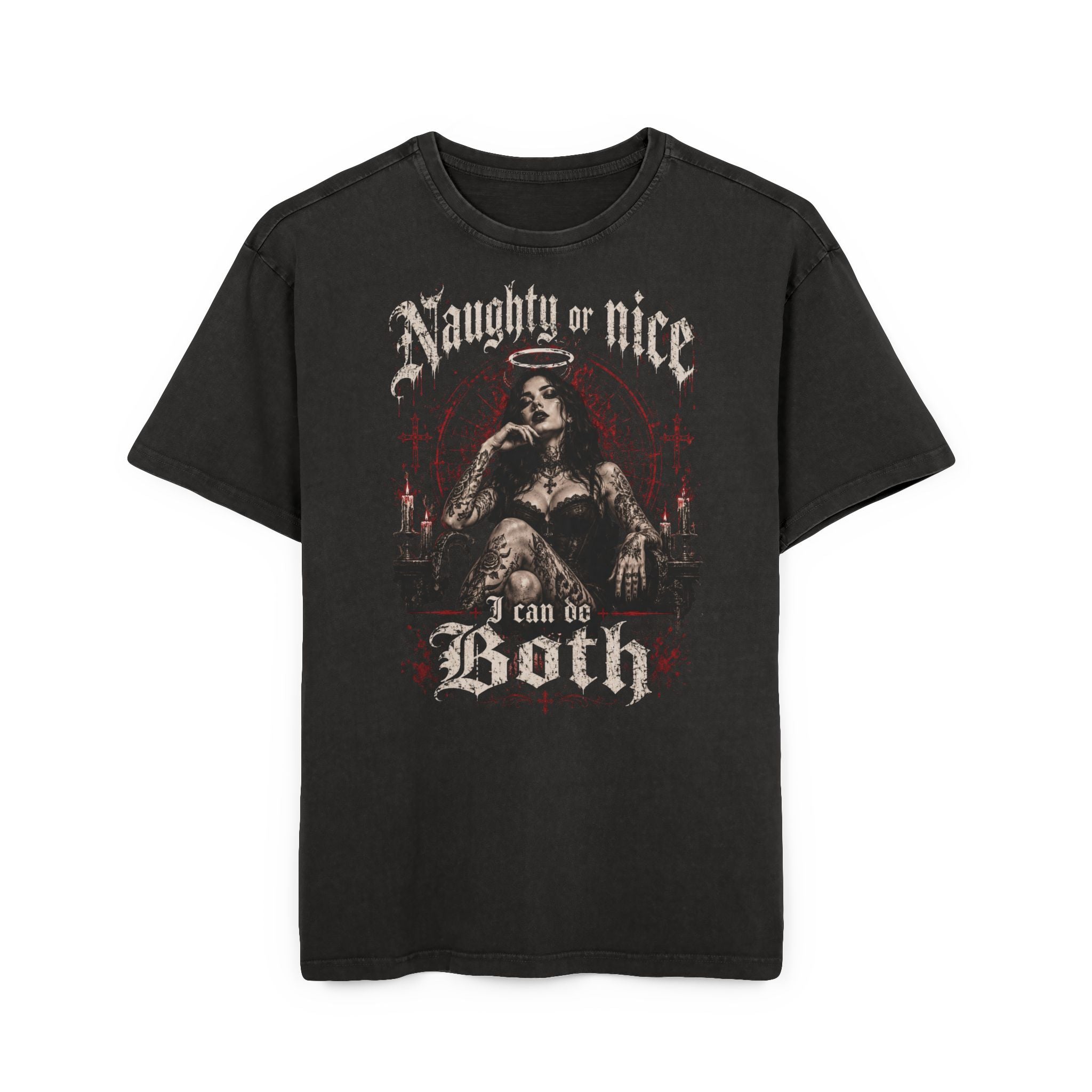 Graphic Tee — "Naughty or Nice I Can Do Both" Vintage Gothic Acid-Wash Shirt
