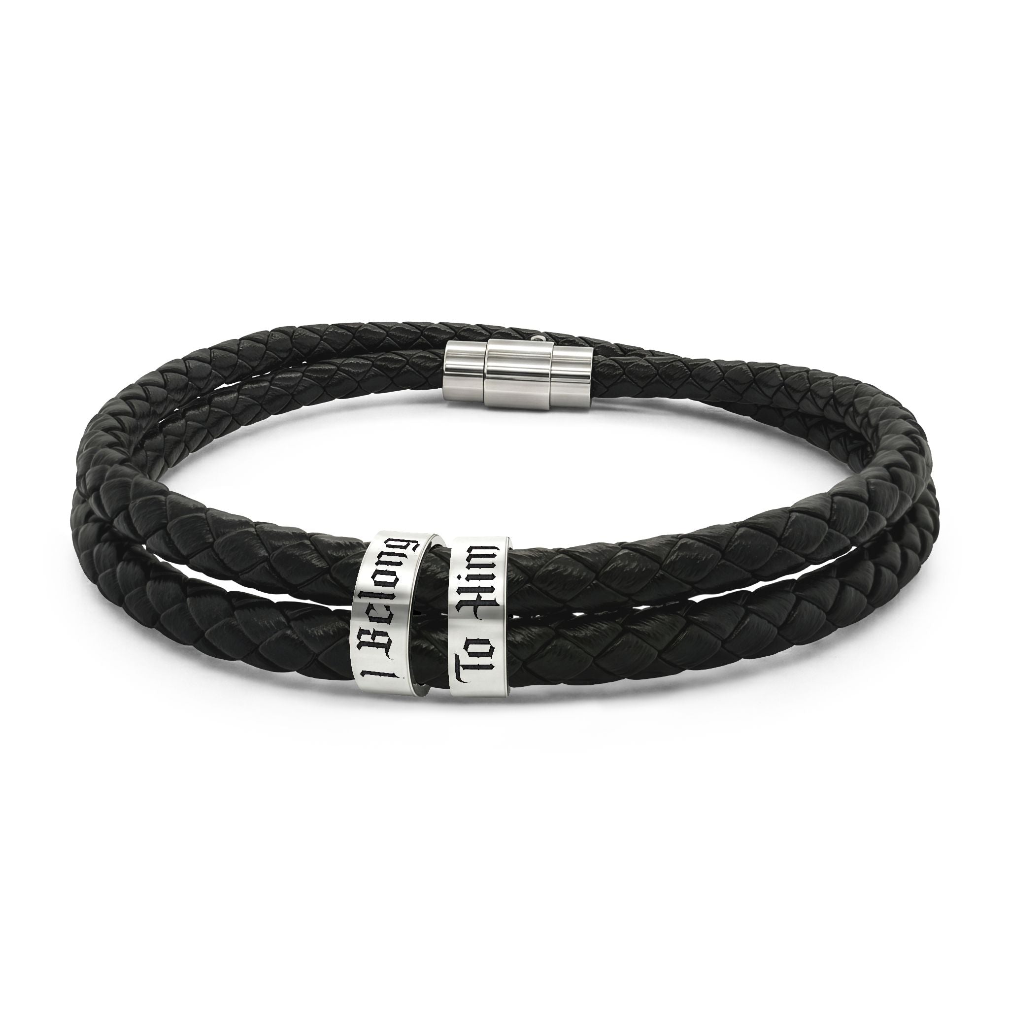 I belong to Him | Engraved Black Braided Leather Bracelet with Stainless Steel Beads