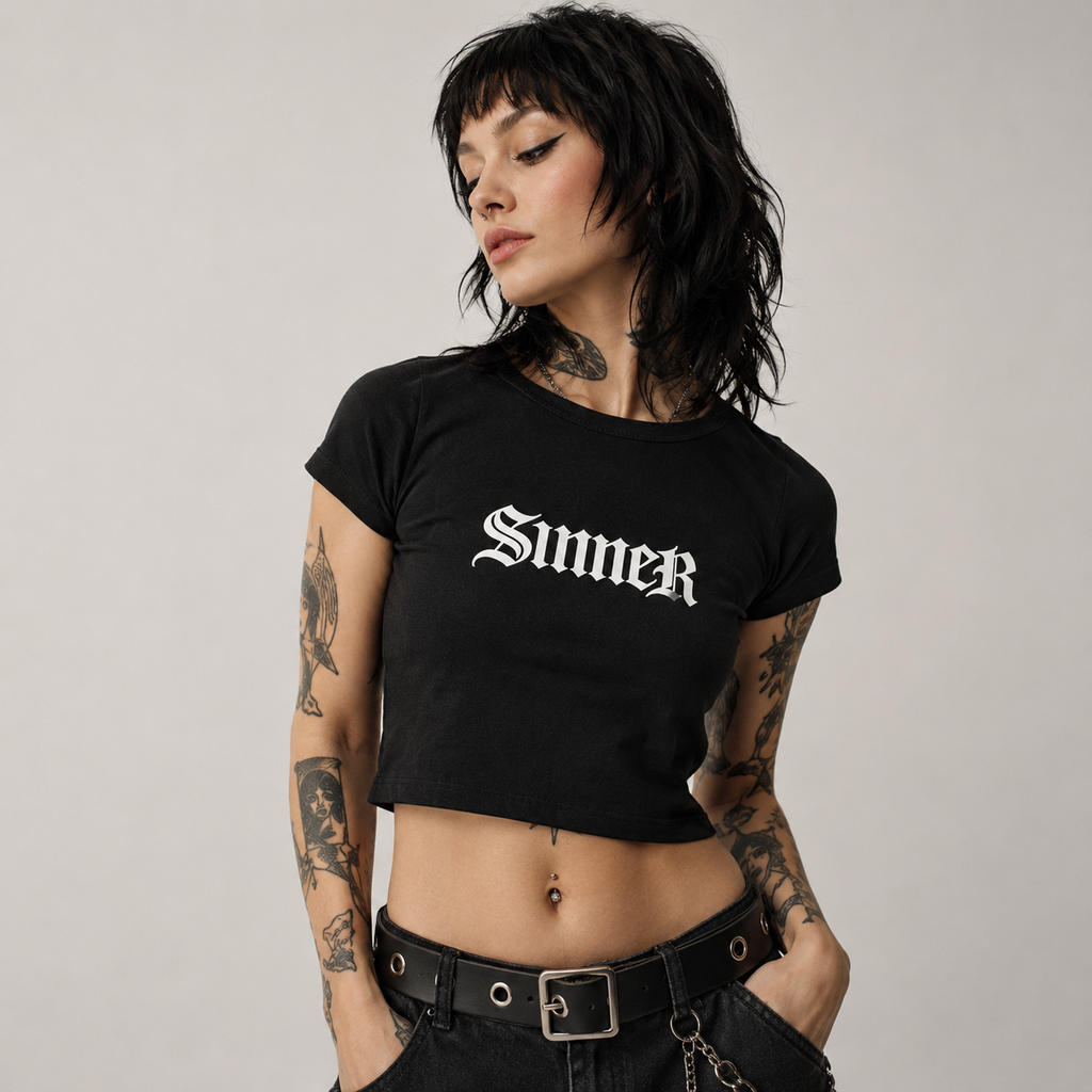 Sinner script logo Baby Tee | Gothic lettering, black crop top