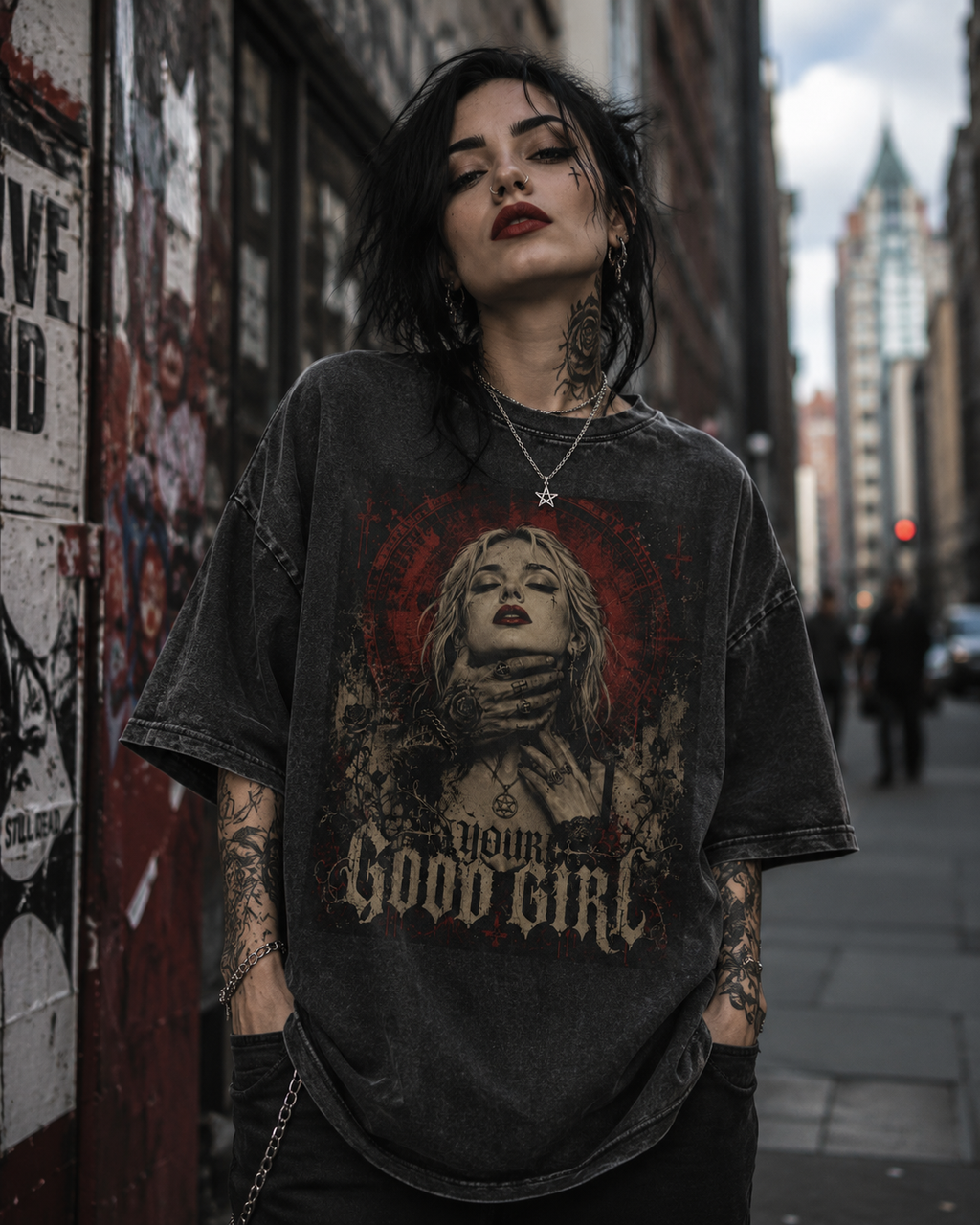 Acid-Wash T-Shirt Graphic Tee — 'Good Girl' Vintage Rock