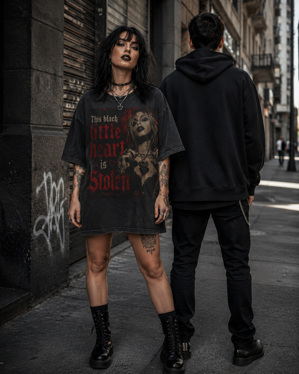 "This Black Little Heart Is Stolen" Acid Wash Gothic Tee