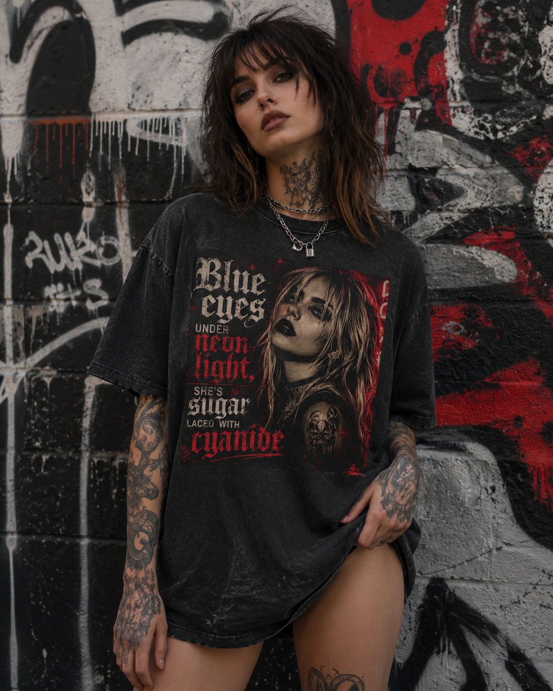 "She's Sugar Laced with Cyanide" Acid Wash Graphic Tee — Goth Portrait Shirt