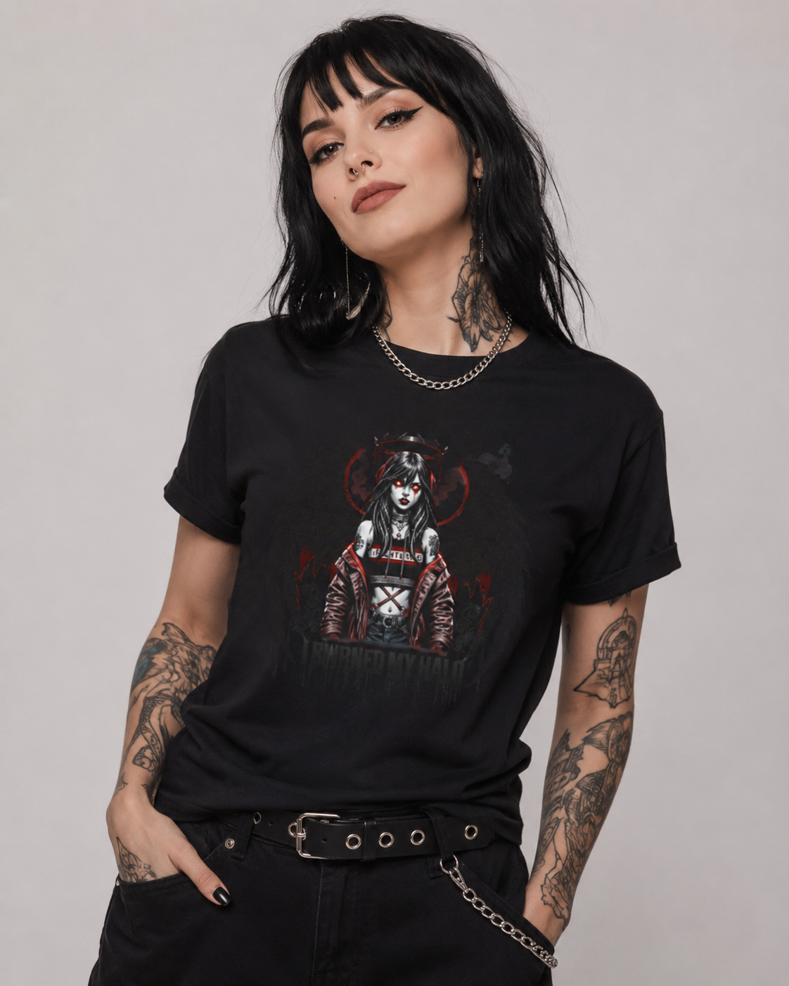 T-Shirt — Gothic Angel Graphic "I Burned My Halo" Dark Winged Design