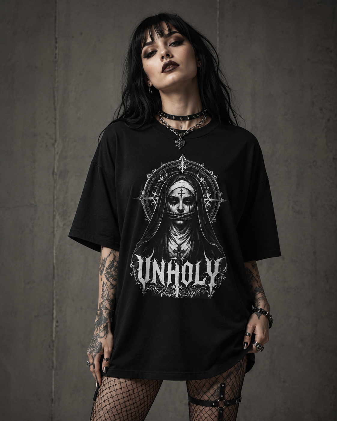 Unholy Nun Graphic Tee — Oversized Gothic Horror Shirt