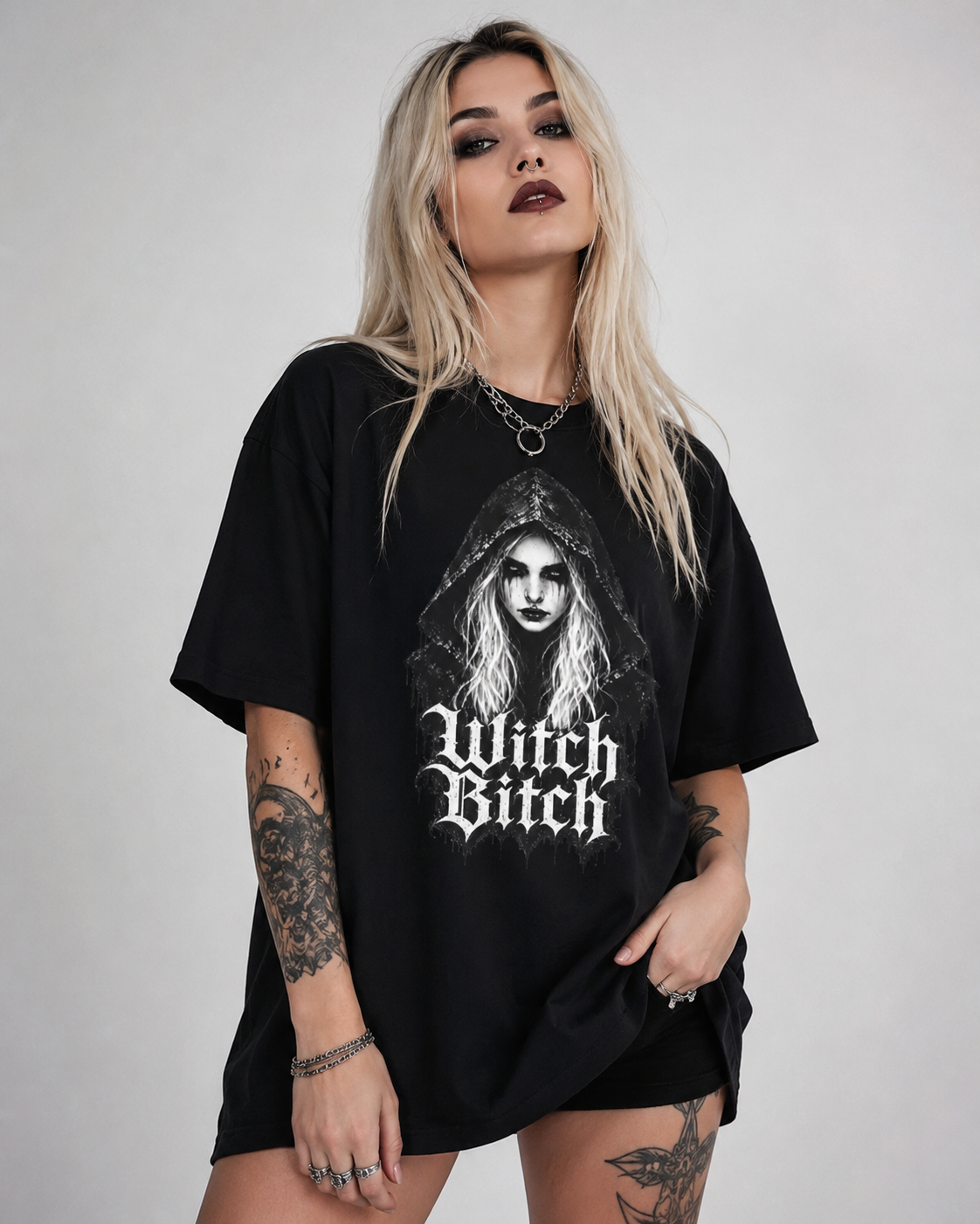 Witch Bitch Graphic Tee — Gothic Hooded Witch Portrait Oversized T‑Shirt