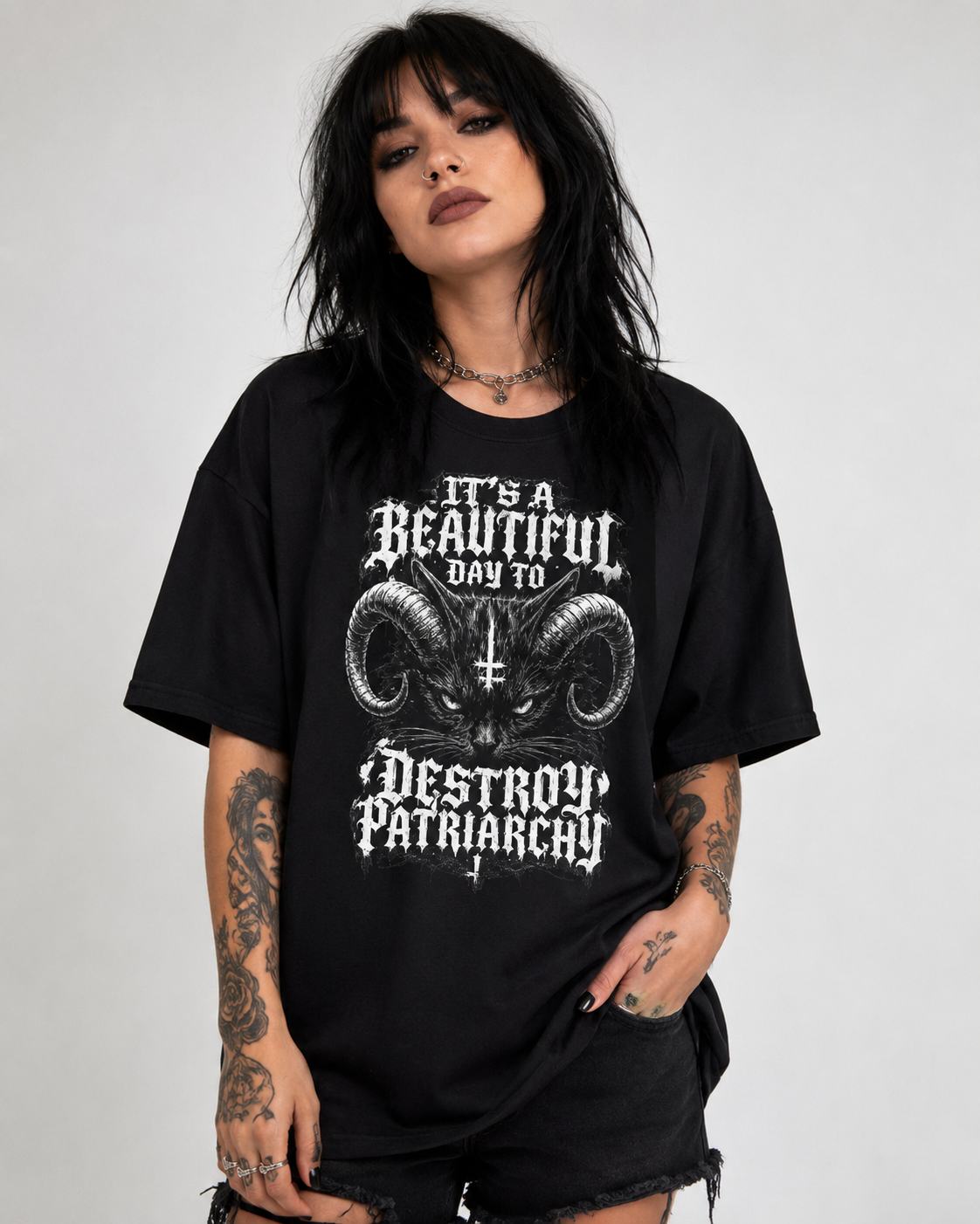 Oversized Tee — "A Beautiful Day to Destroy the Patriarchy" Graphic T‑Shirt (Ram Skull)