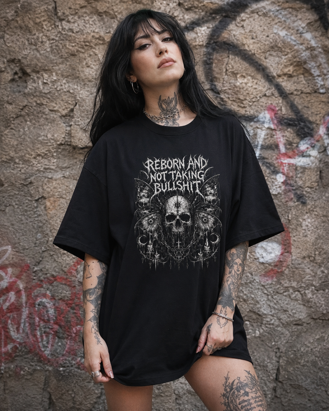 Skull 'Reborn and Not Taking Bullshit' Boxy Tee
