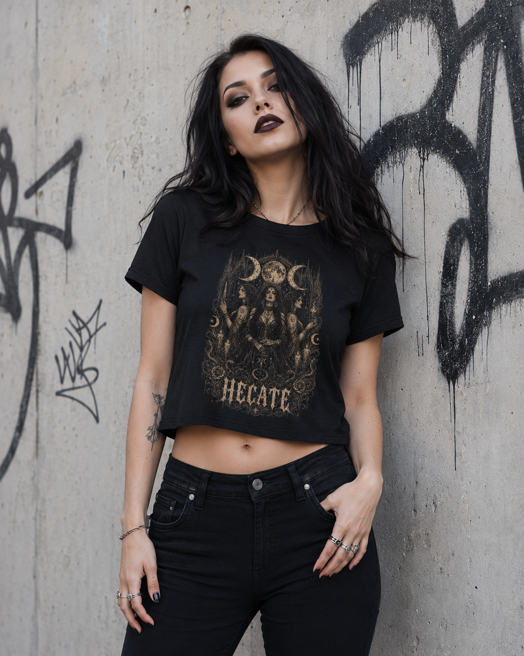 Hecate Triple Moon Graphic Crop Tee — Witchy Gothic Women's Baby Tee
