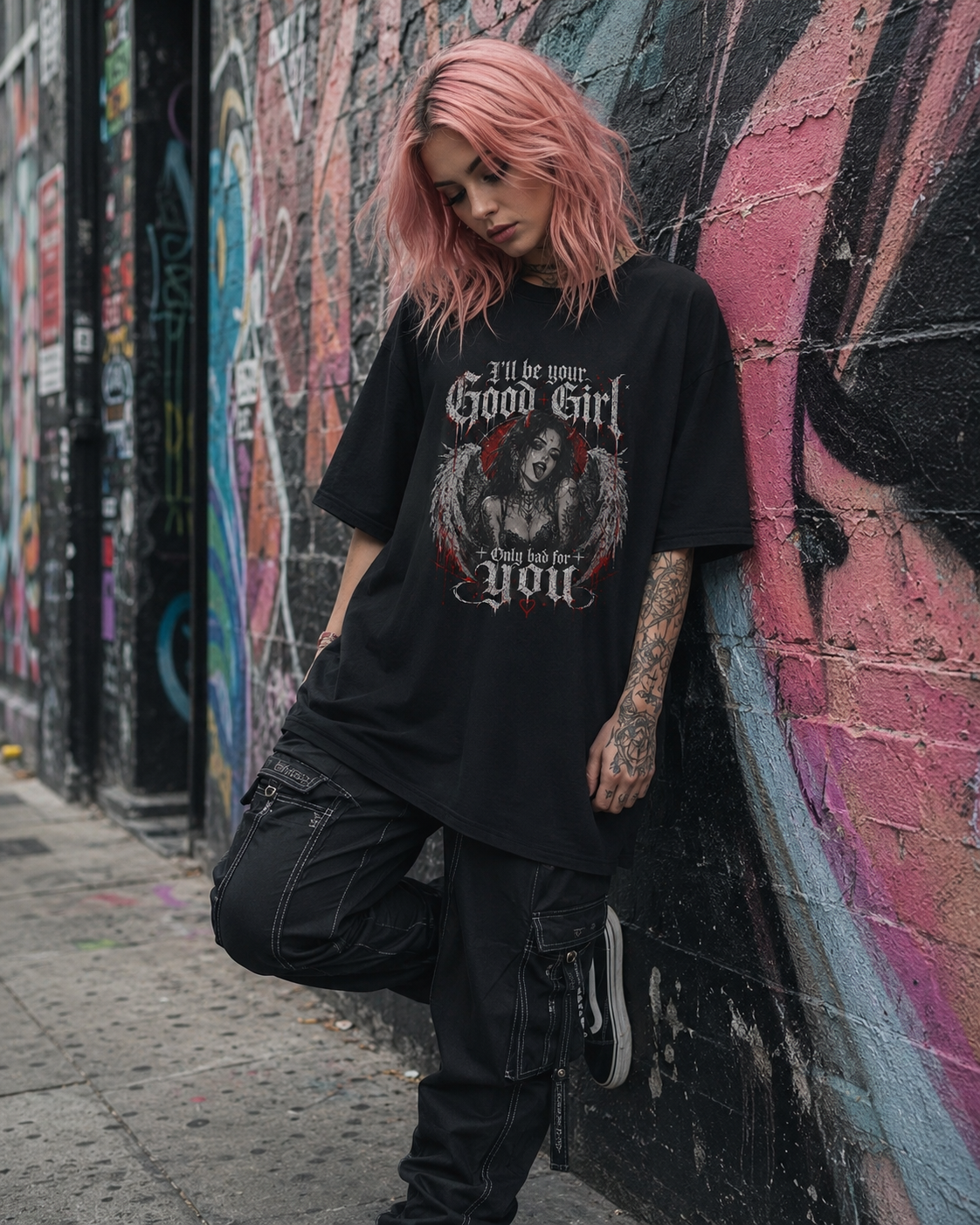 Graphic Tee — "I'll Be Your Good Girl, Only Bad For You" Gothic Angel T-Shirt