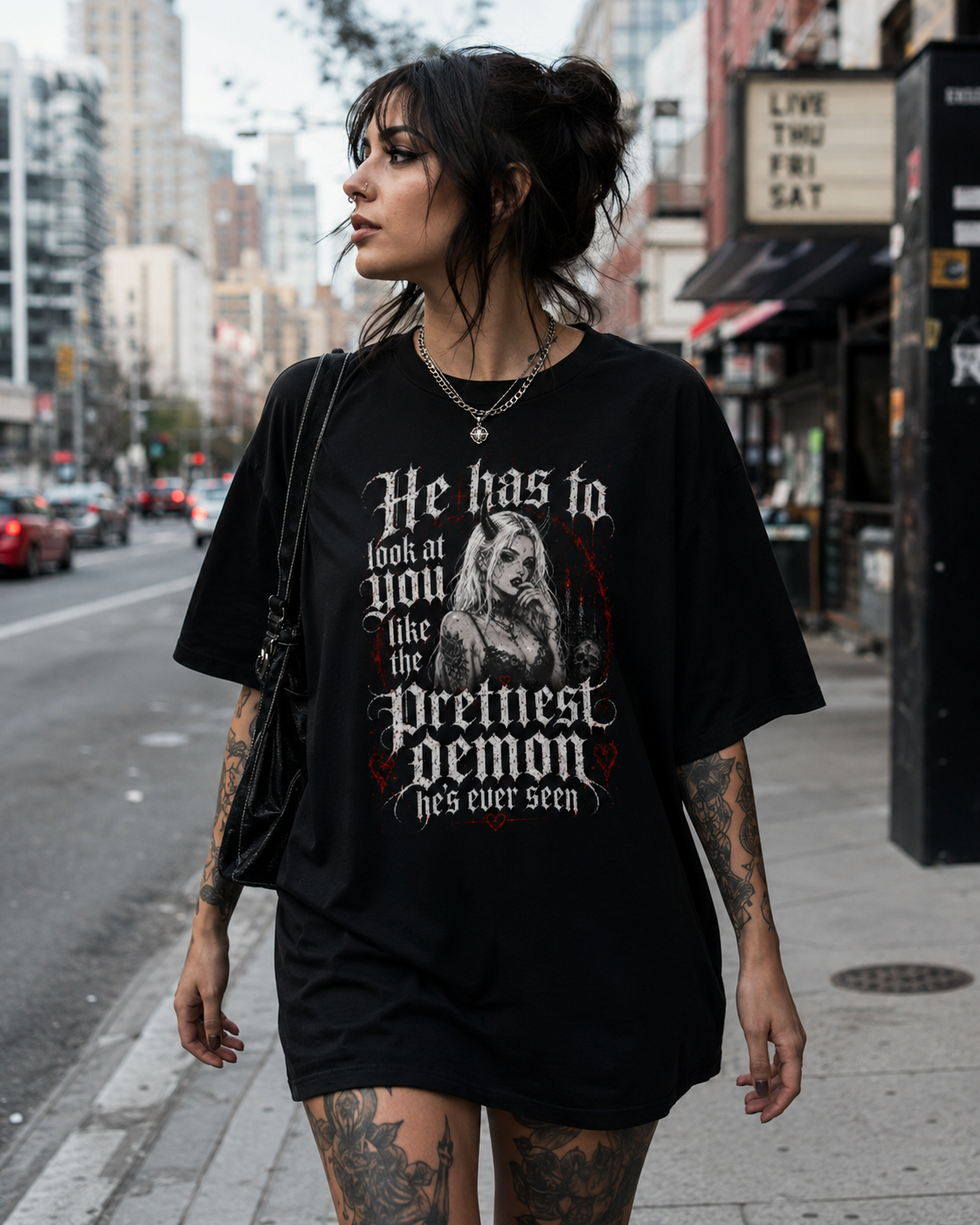 Prettiest Demon Gothic Tee — "He has to look at you like the prettiest demon" Oversized Boxy Shirt