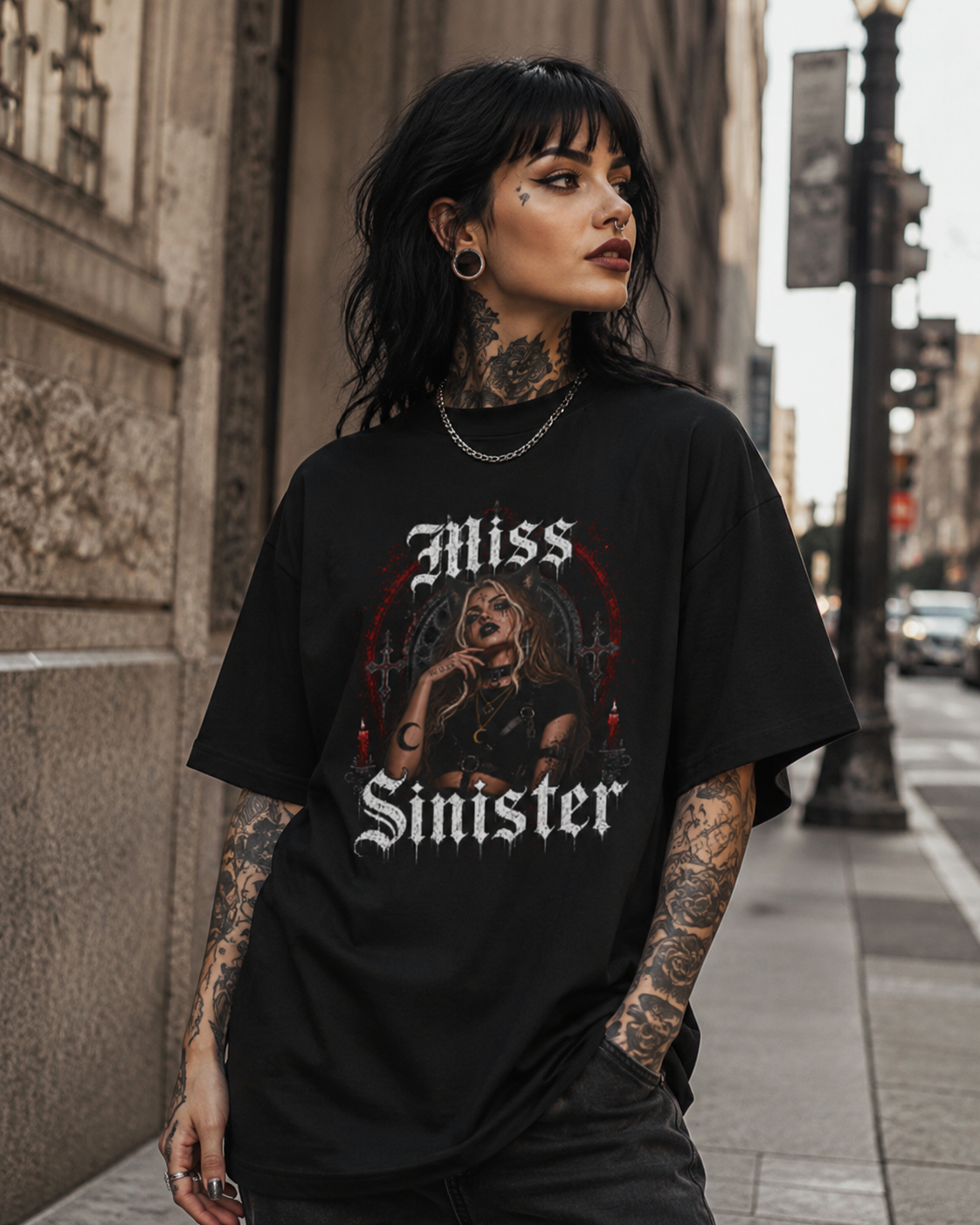 Miss Sinister Gothic Tee — Dark Witch Aesthetic Oversized T-Shirt