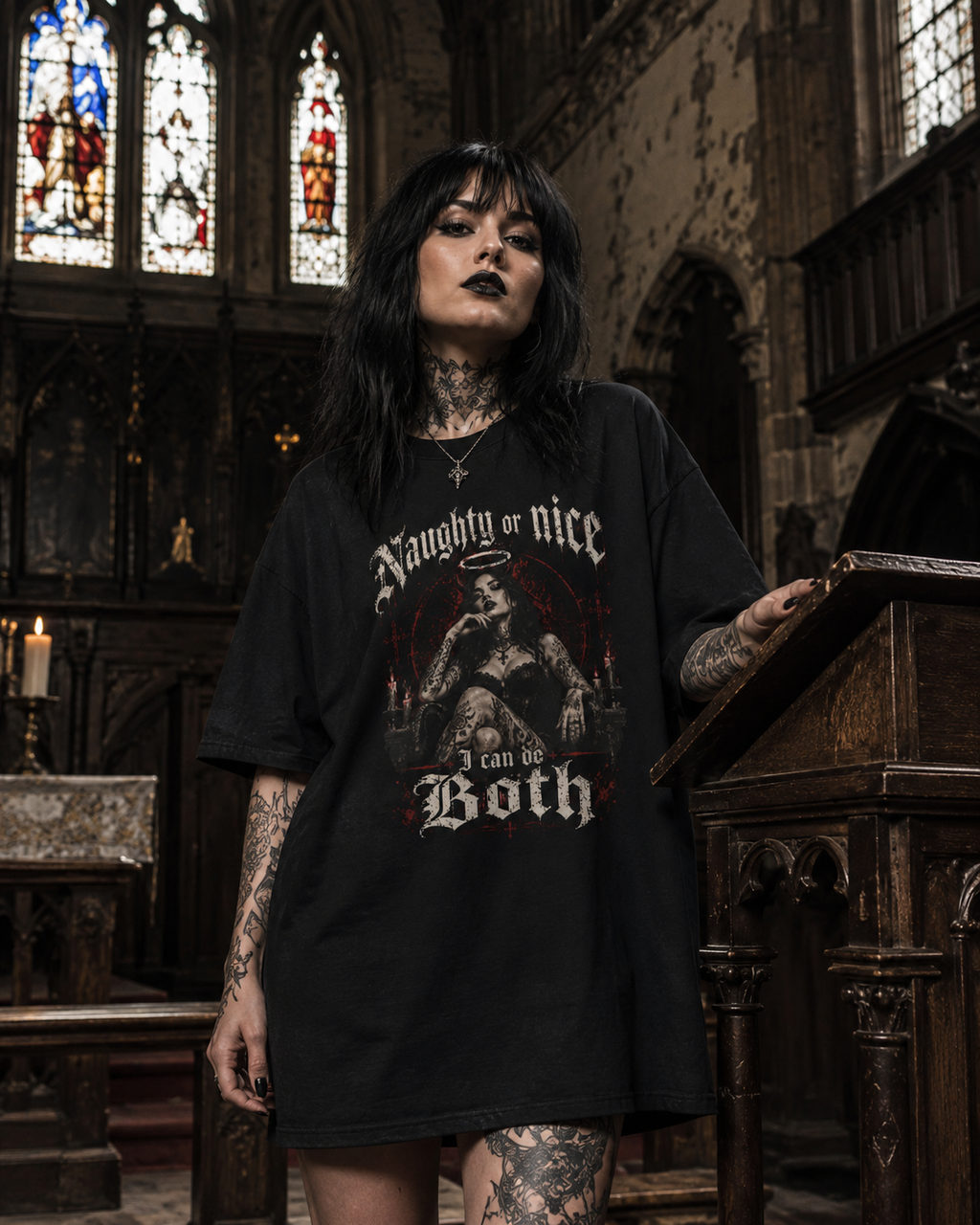 Naughty or Nice Gothic Tee — "I Can do Both" Oversized Boxy Graphic T-Shirt