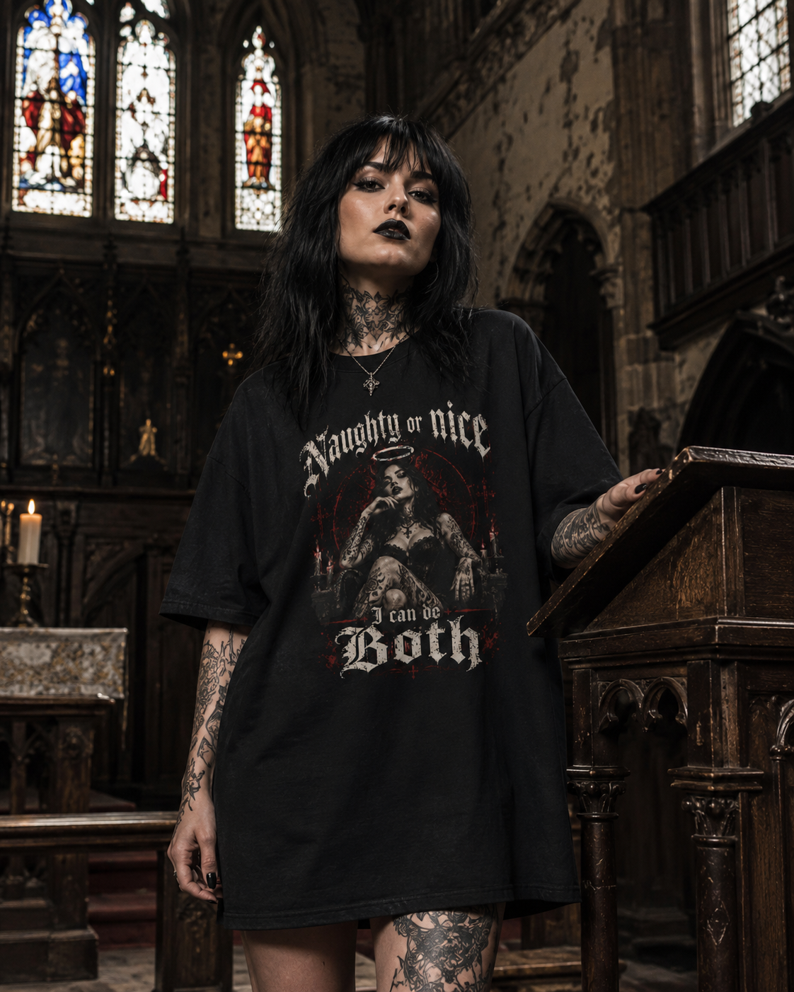 Naughty or Nice Gothic Tee — "I Can do Both" Oversized Boxy Graphic T-Shirt
