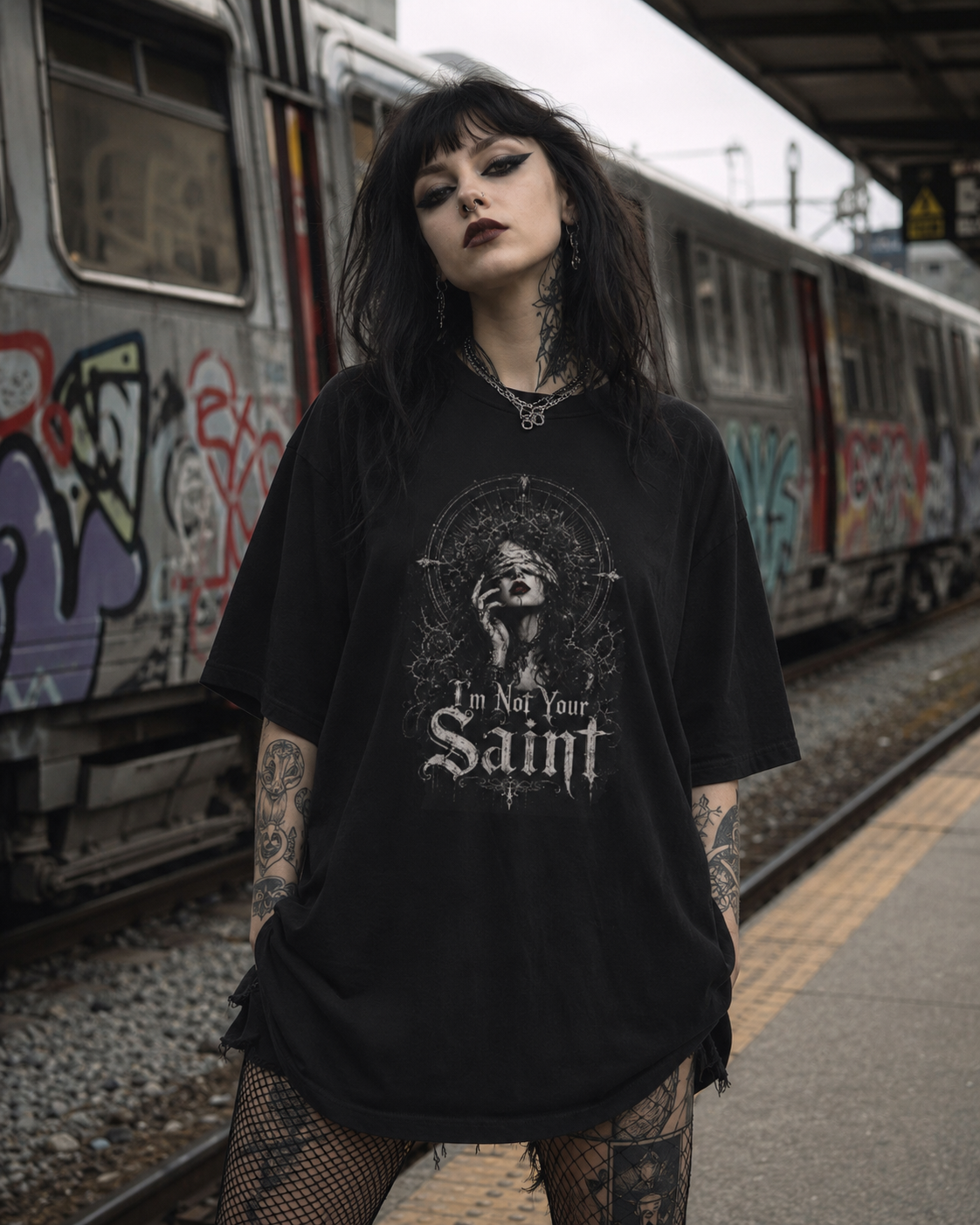 I'm Not Your Saint Tee — Gothic Oversized Boxy T-Shirt