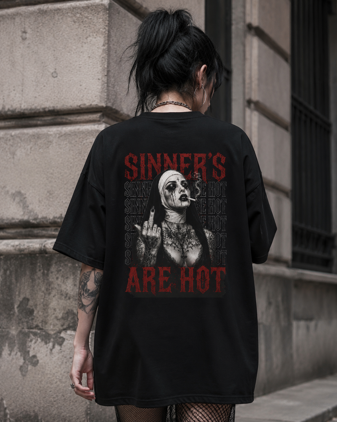 Boxy Tee — “Sinner” Gothic Graphic T‑Shirt (Sinner’s Are Hot Back Print)