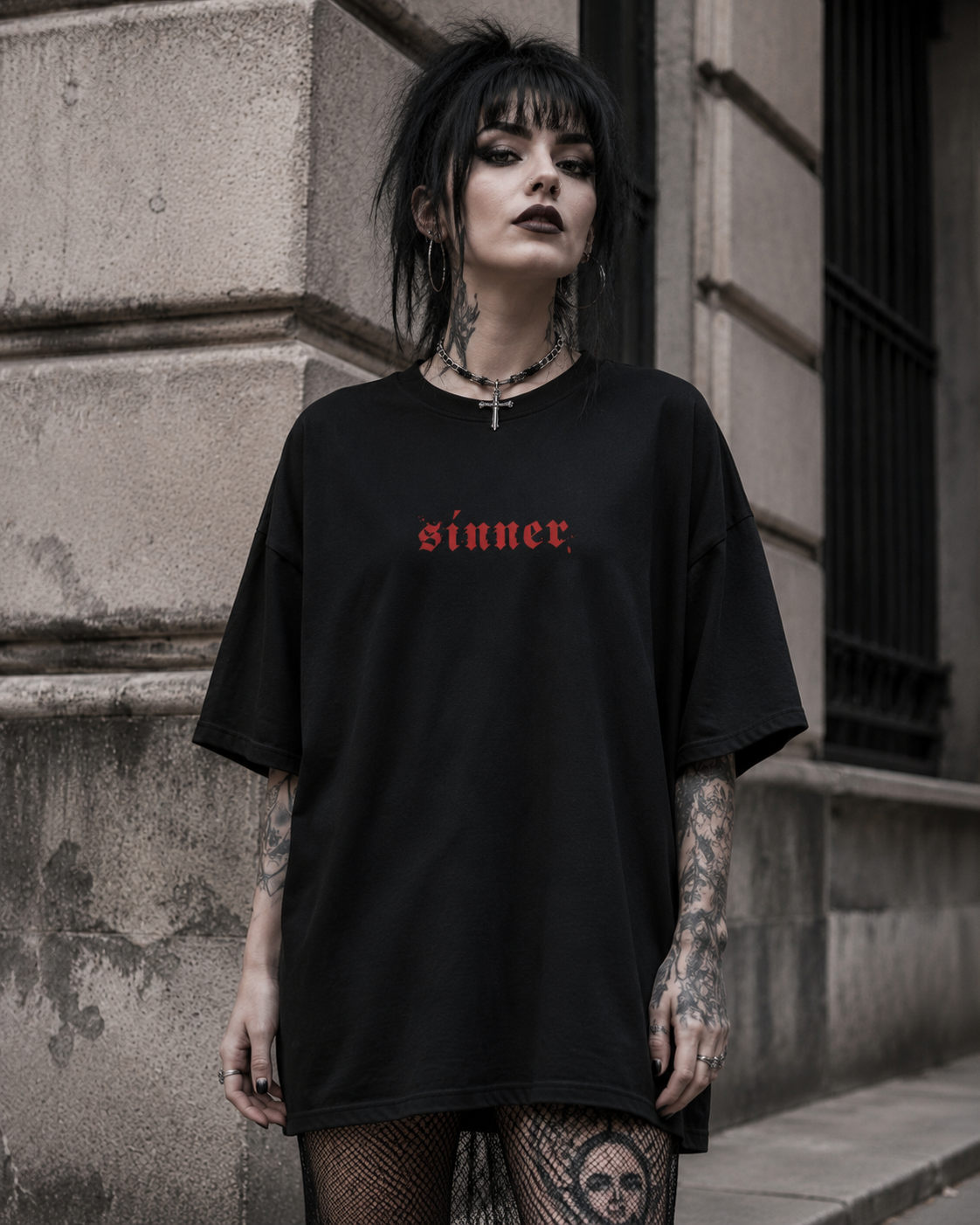 Boxy Tee — “Sinner” Gothic Graphic T‑Shirt (Sinner’s Are Hot Back Print)