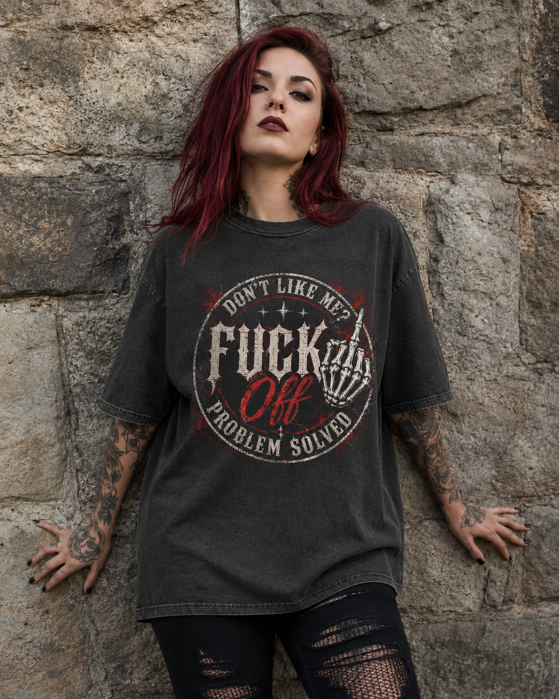 Graphic Tee — "Don't Like Me? Fuck Off" Vintage Acid-Wash Oversized Shirt
