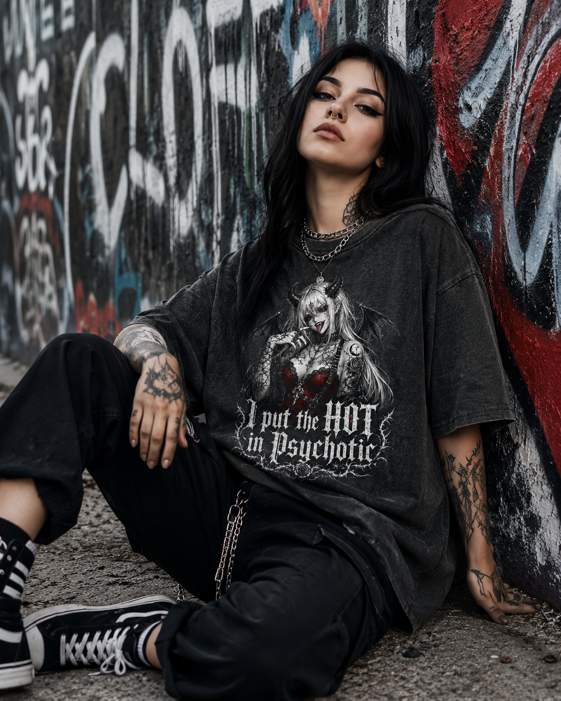 Psychotic Pin-Up Tee — "I Put the Hot in Psychotic" Acid Wash Shirt