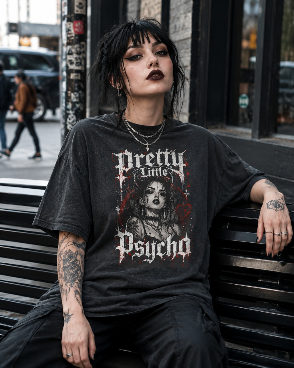 Pretty Little Psycho Tee — Gothic Graphic Acid-Wash Shirt