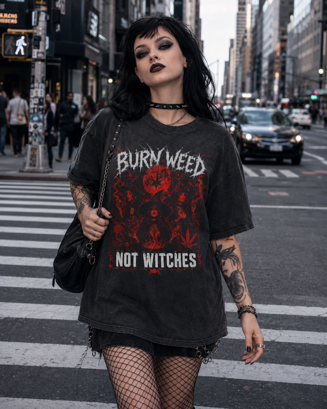 Burn Weed Not Witches Graphic Tee — Vintage Acid-Wash Oversized Black T-Shirt