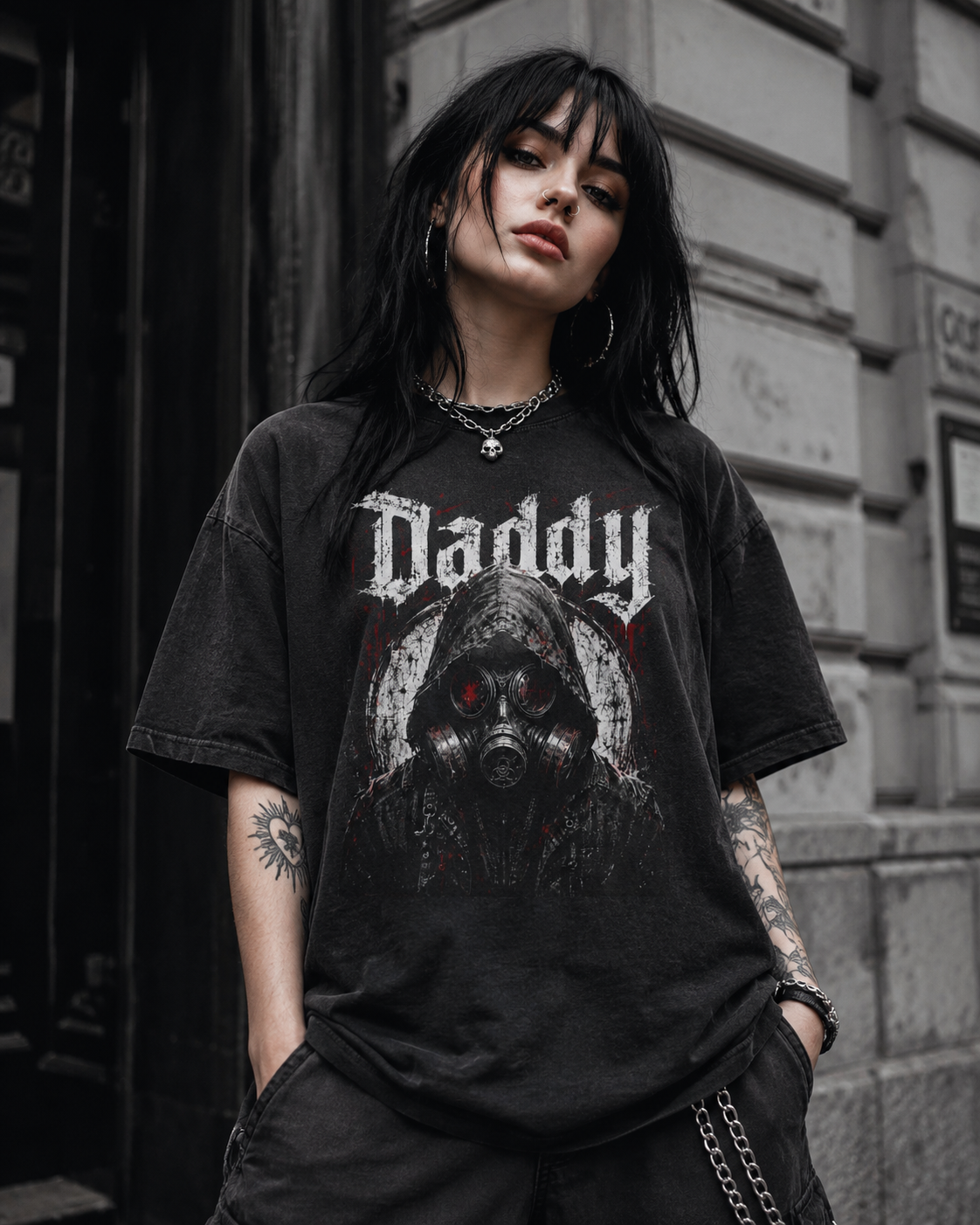 T-Shirt — 'Daddy' Gas Mask Graphic Tee (Acid Wash)